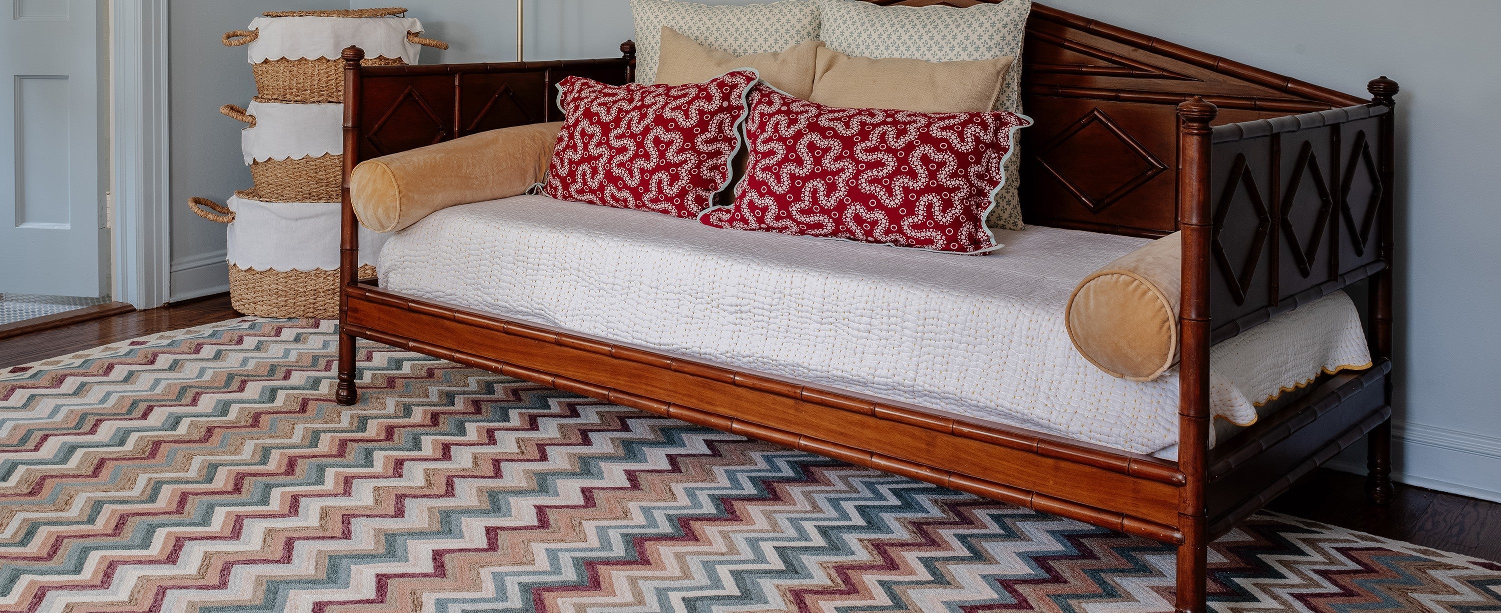 Vintage Turkish Kilim-inspired wool rug from the Abbott Collection, featuring modern colors and durable, shed-resistant construction for timeless style.