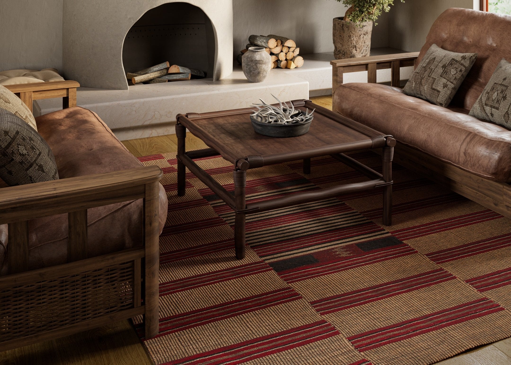Southwest-inspired handcrafted Momeni Adobe rug in deep red and buffalo brown, featuring jute and Kilim wool patches for a vintage yet contemporary look