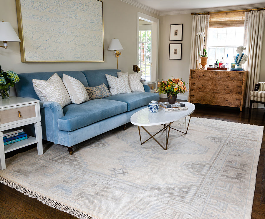 Light blue sofa sits on a cream Erin Gates by Momeni Concord rug with faded Traditional motifs and fringe in a bright living room.