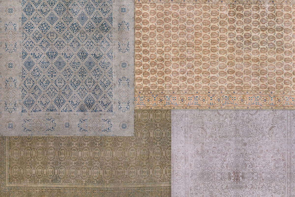 Erin Gates by Momeni Dorset Rug Collection featuring vintage-inspired designs with intricate diamond, floral, and medallion patterns in neutral tones.