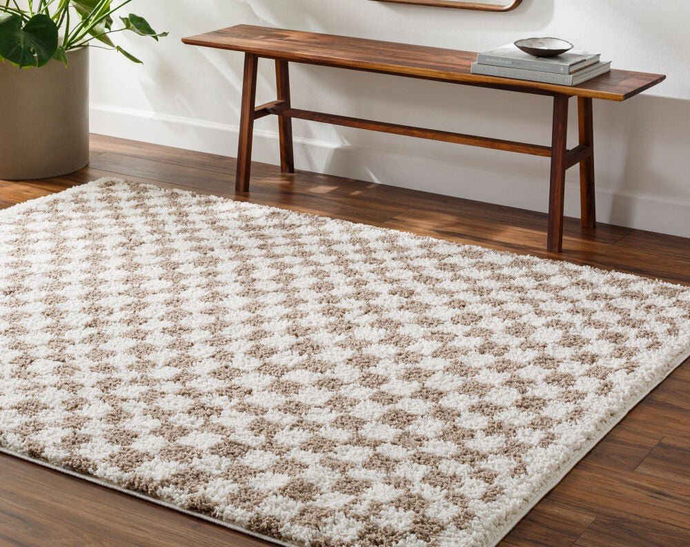 Plush Birmingham area rug with textured cream and beige pattern on hardwood floor beneath wooden bench. Machine-woven polyester for comfort and elegance.