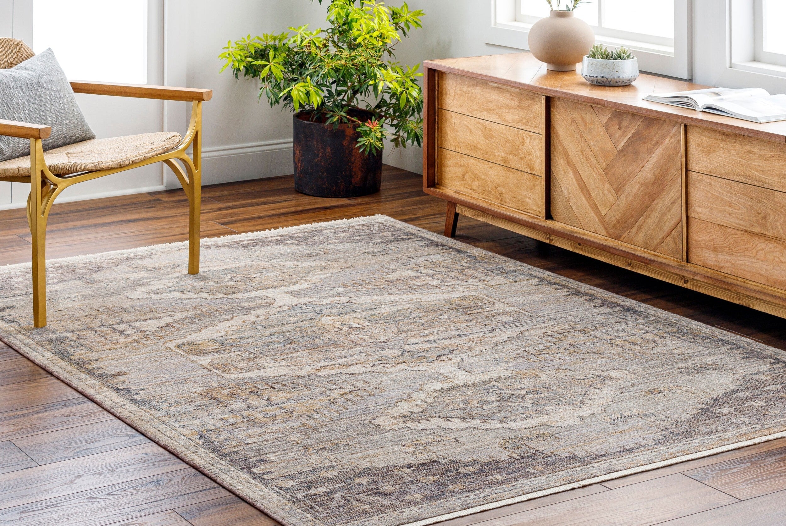 Modern traditional Aida area rug by LIVABLISS, machine-woven polyester, chic fringe, medium pile, stylish and durable for living room, bedroom, entryway