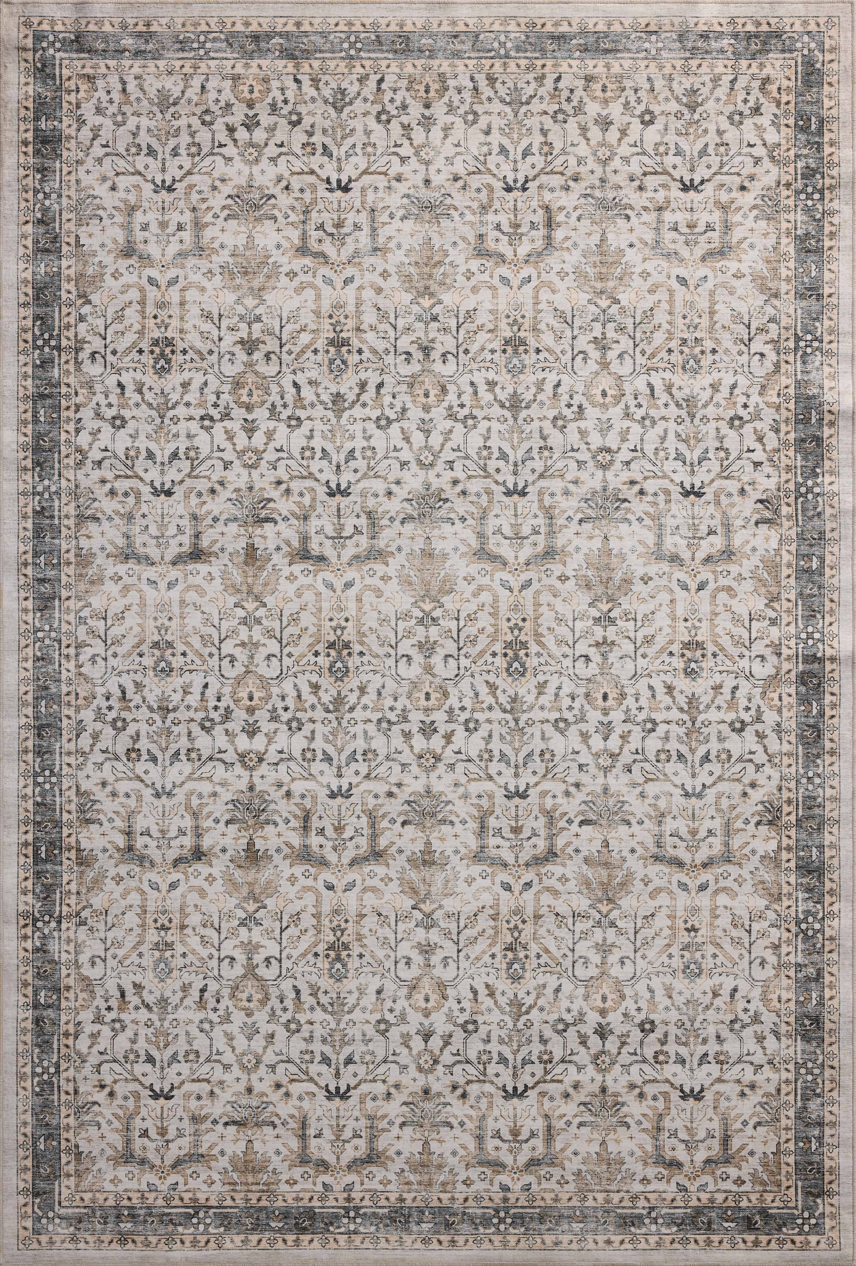 A power-loomed polyester area rug in refined ivory and grounding stone tones with traditional and distressed motifs, the Anniston ANS-01 Ivory / Stone Area Rug grounds your room beautifully