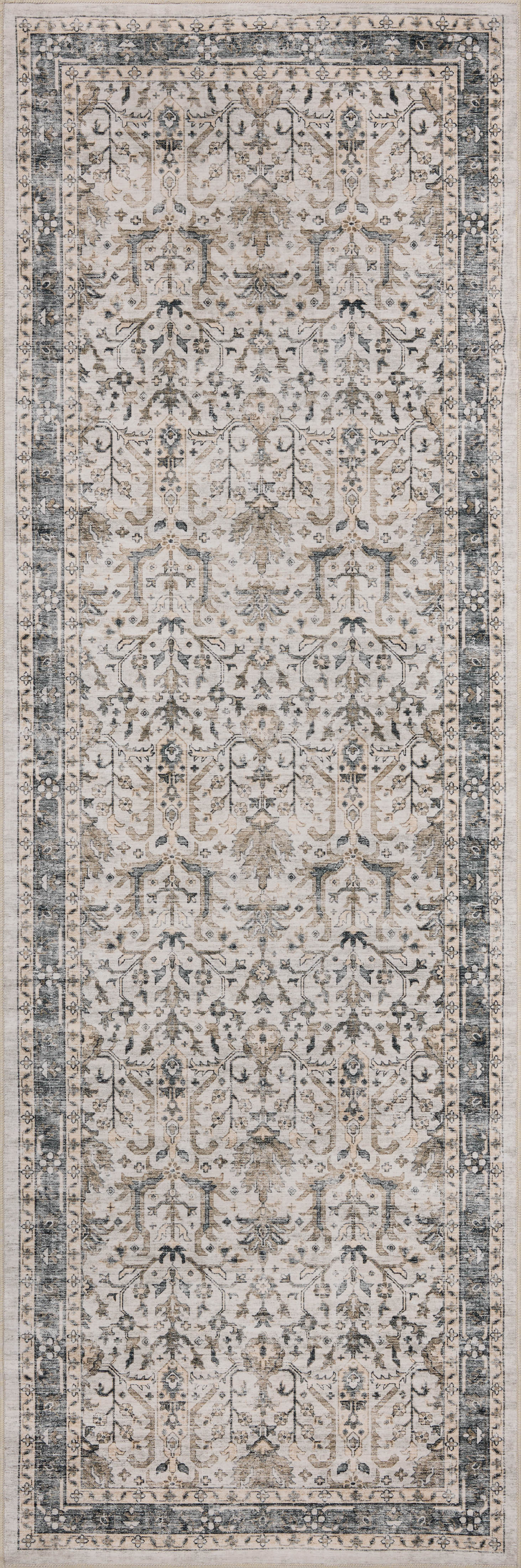 A power-loomed polyester area rug in refined ivory and grounding stone tones with traditional and distressed motifs, the Anniston ANS-01 Ivory / Stone Area Rug grounds your room beautifully