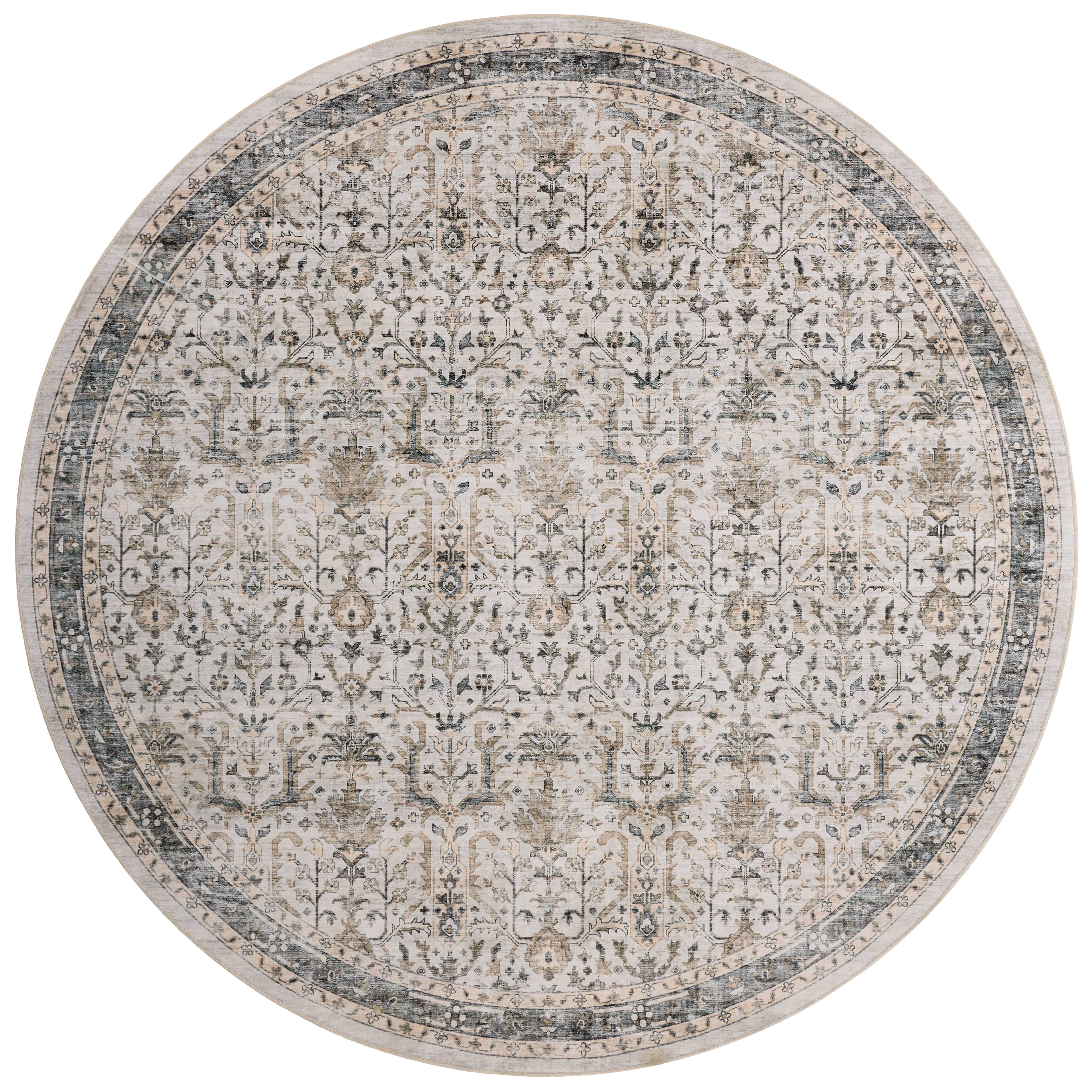 A power-loomed polyester area rug in refined ivory and grounding stone tones with traditional and distressed motifs, the Anniston ANS-01 Ivory / Stone Area Rug grounds your room beautifully