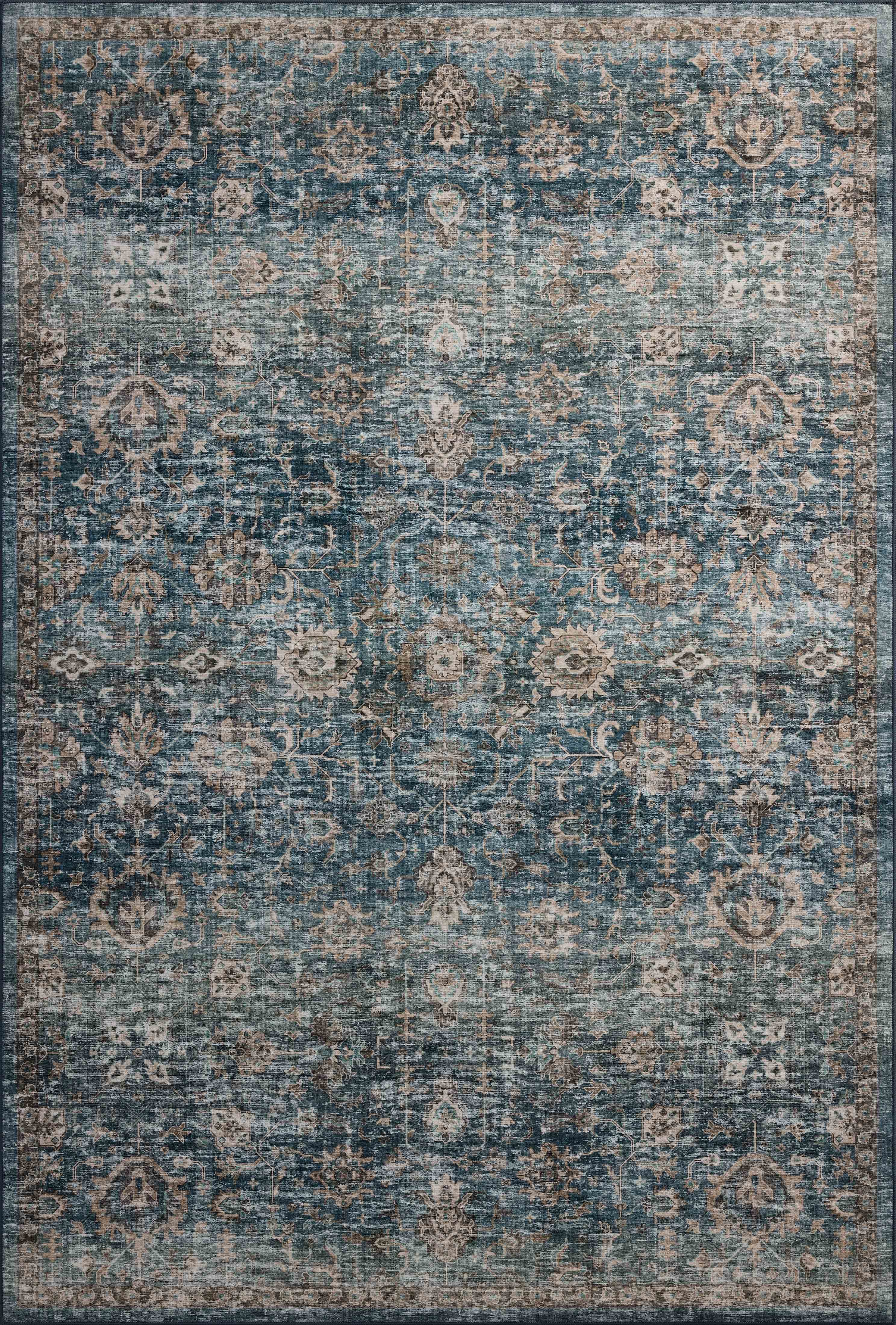 The Anniston ANS-02 Lagoon / Natural Area Rug is a power-loomed polyester area rug that radiates tranquil lagoon and warm natural charm and traditional and distressed elegance