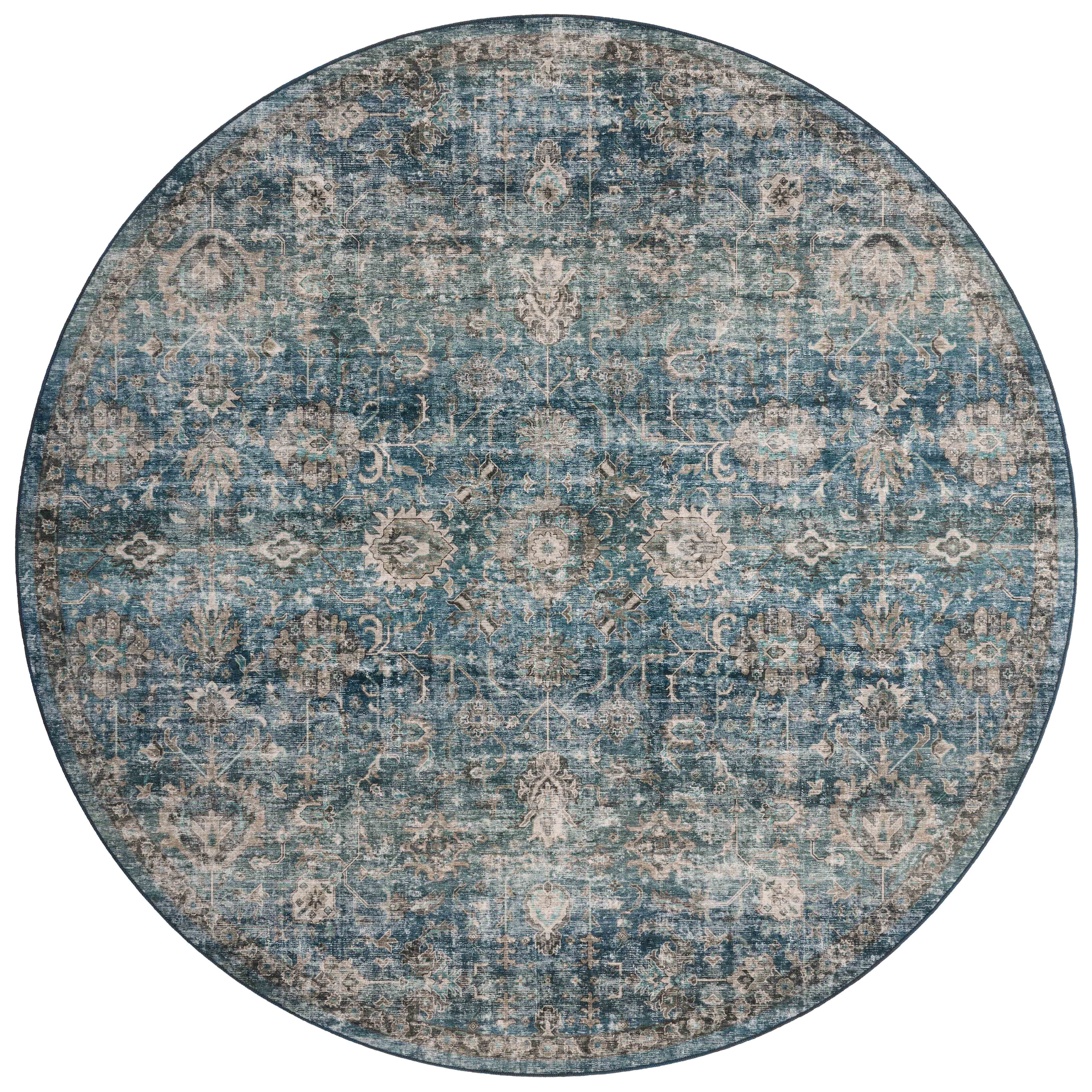 The Anniston ANS-02 Lagoon / Natural Area Rug is a power-loomed polyester area rug that radiates tranquil lagoon and warm natural charm and traditional and distressed elegance