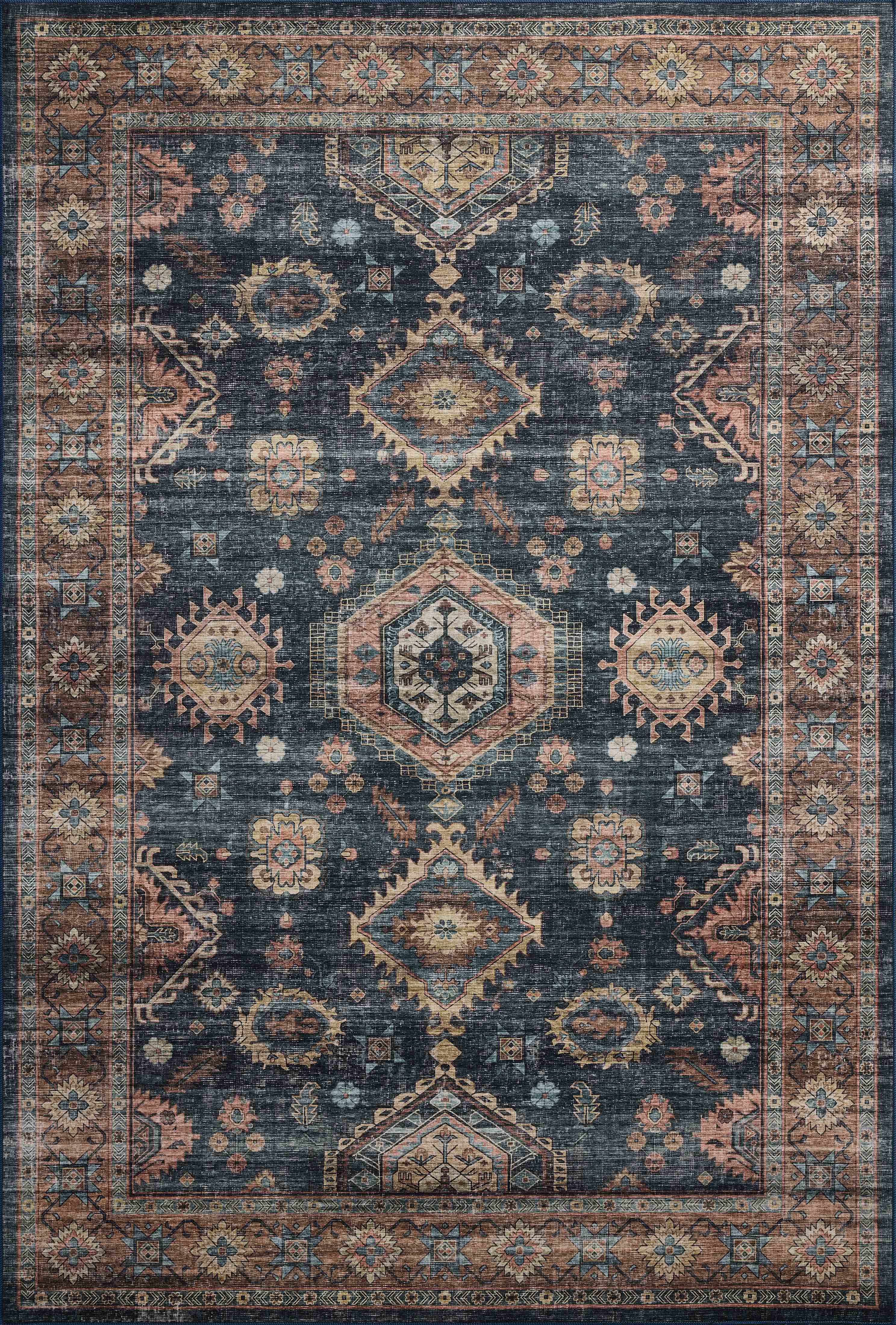 Layered in casual denim and glowing sunset hues with traditional and distressed patterns, the Anniston ANS-03 Denim / Sunset Area Rug is a power-loomed polyester area rug perfect for any setting