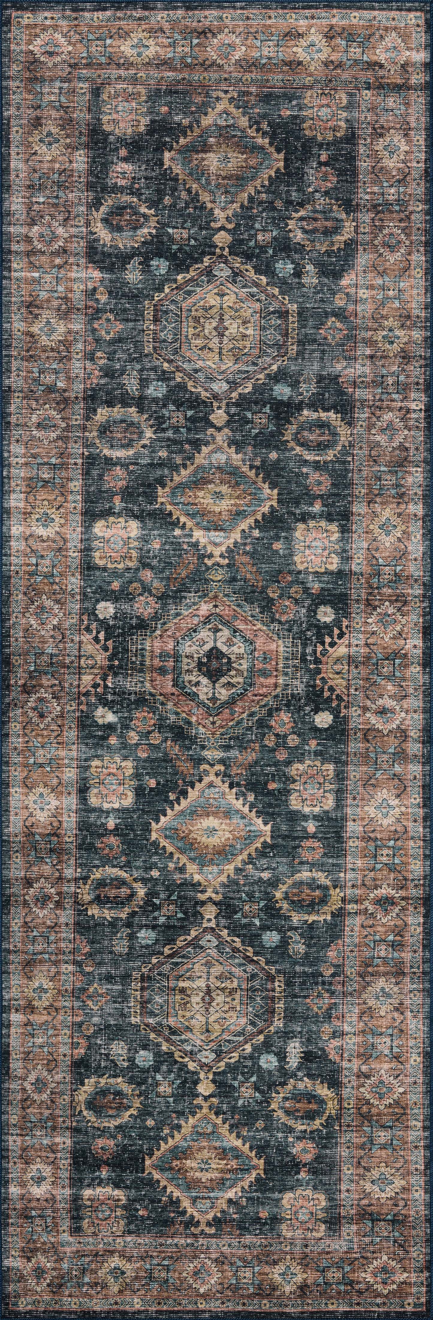 Layered in casual denim and glowing sunset hues with traditional and distressed patterns, the Anniston ANS-03 Denim / Sunset Area Rug is a power-loomed polyester area rug perfect for any setting