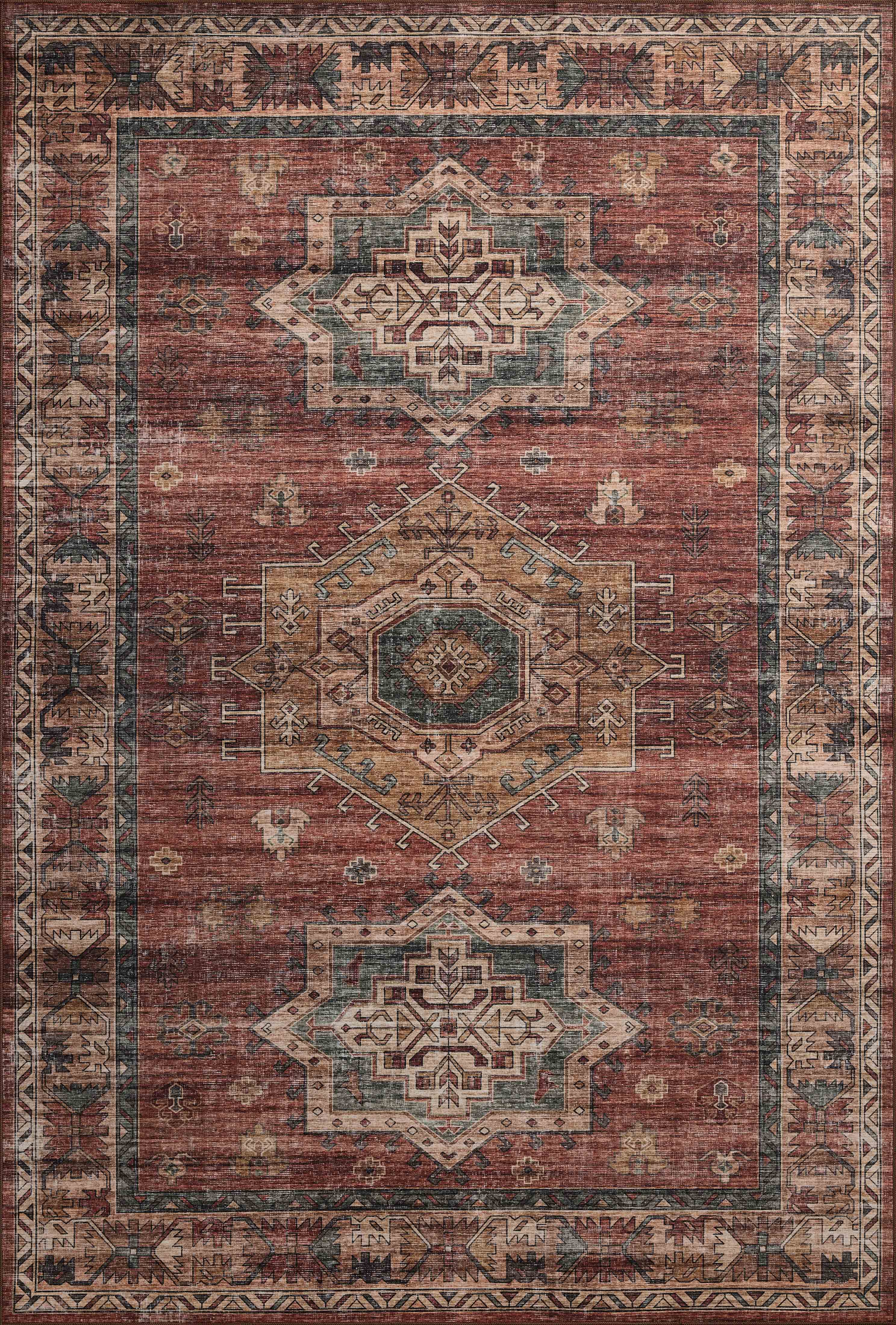 The Anniston ANS-04 Spice / Multi Area Rug showcases spirited spice and vibrant multi-toned tones in a power-loomed polyester area rug with traditional and distressed style