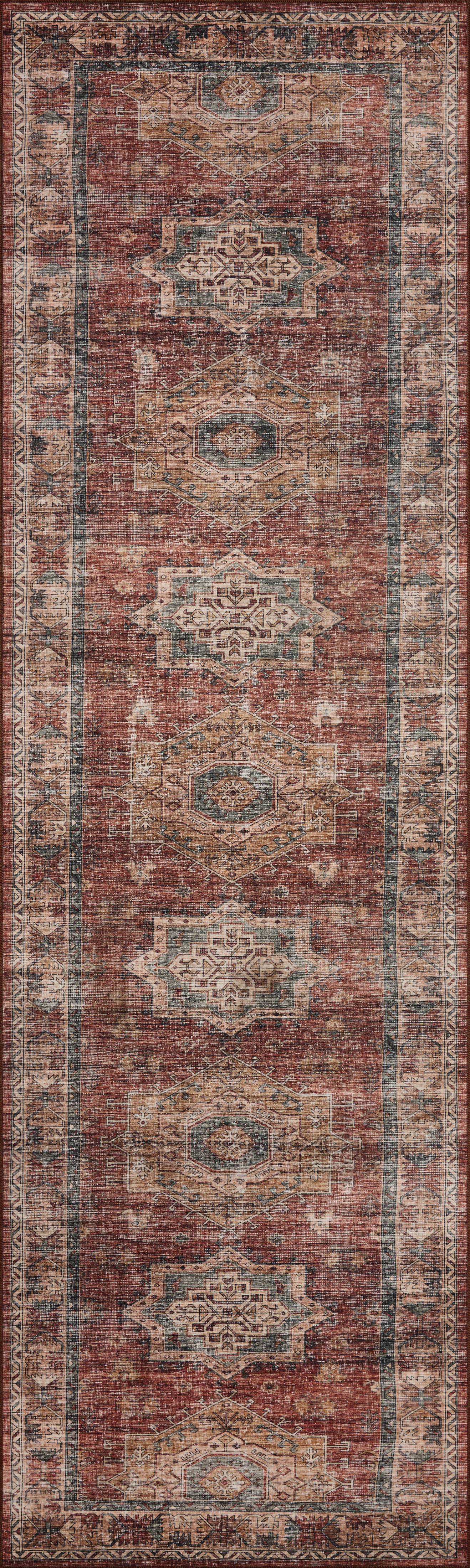 The Anniston ANS-04 Spice / Multi Area Rug showcases spirited spice and vibrant multi-toned tones in a power-loomed polyester area rug with traditional and distressed style