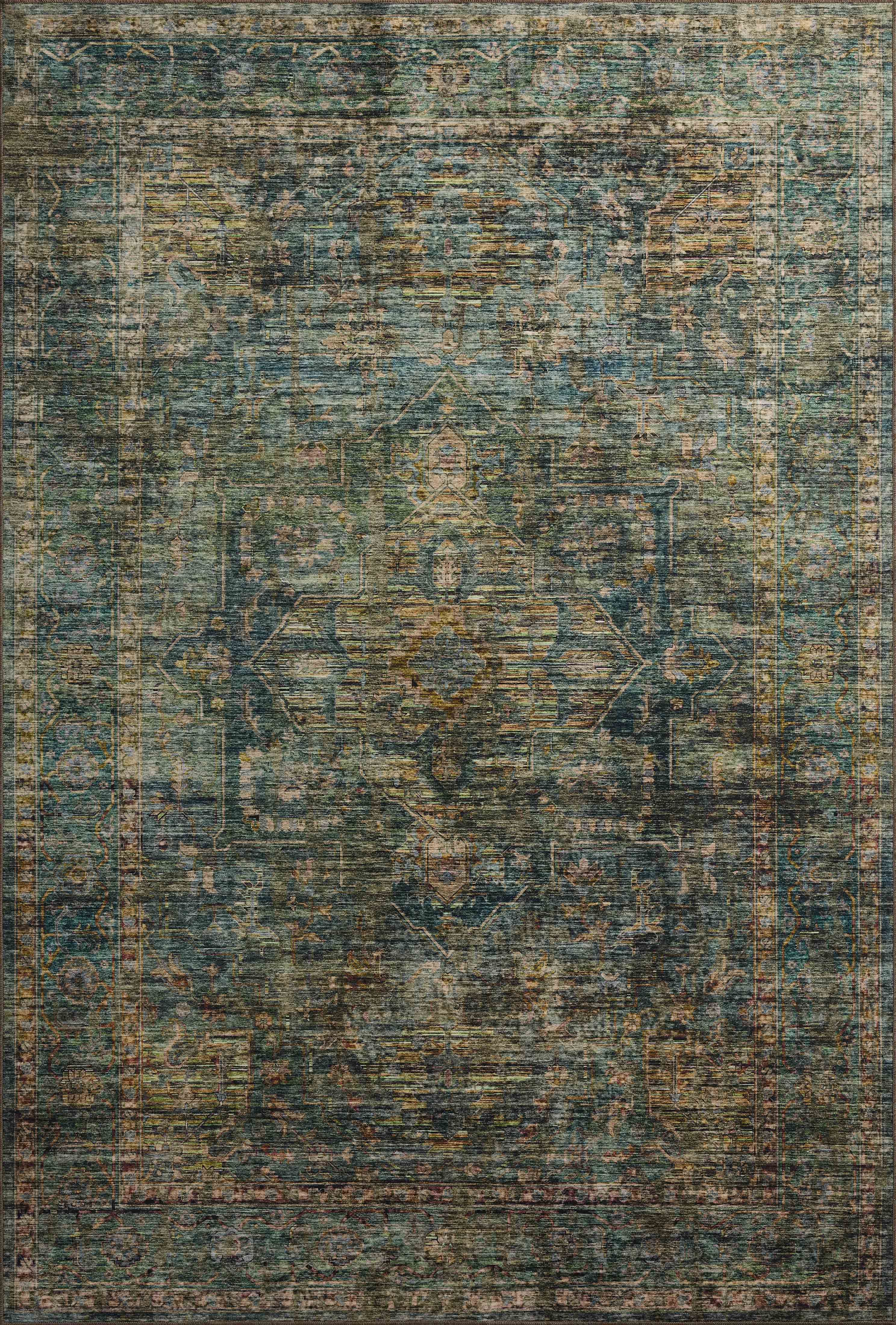 Featuring tranquil lagoon and vibrant multi-toned hues and traditional and distressed detail, the Anniston ANS-05 Lagoon / Multi Area Rug is a power-loomed polyester area rug for any room
