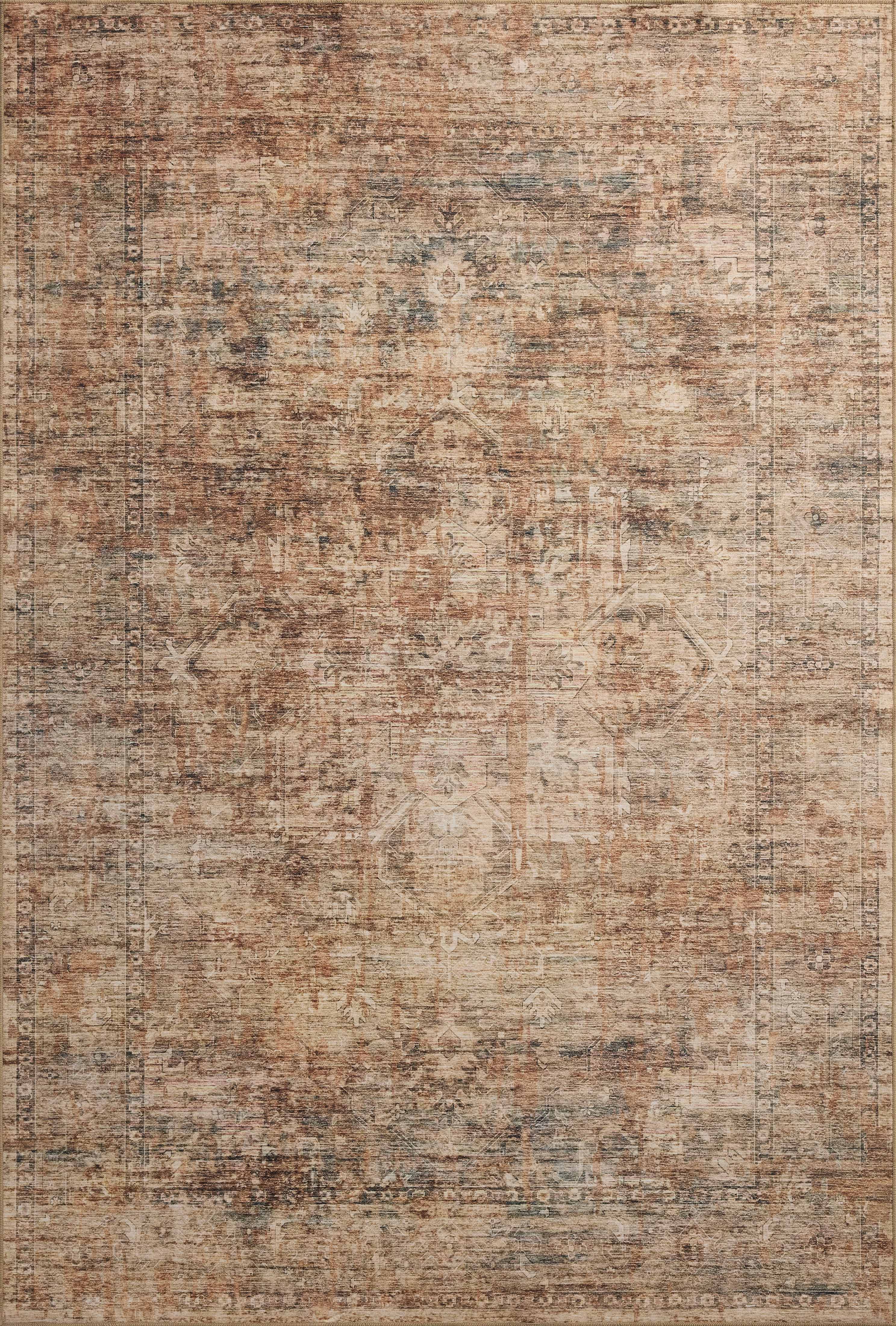 A power-loomed polyester area rug with traditional and distressed flair in earthy clay and deep charcoal tones, the Anniston ANS-06 Clay / Charcoal Area Rug anchors any room