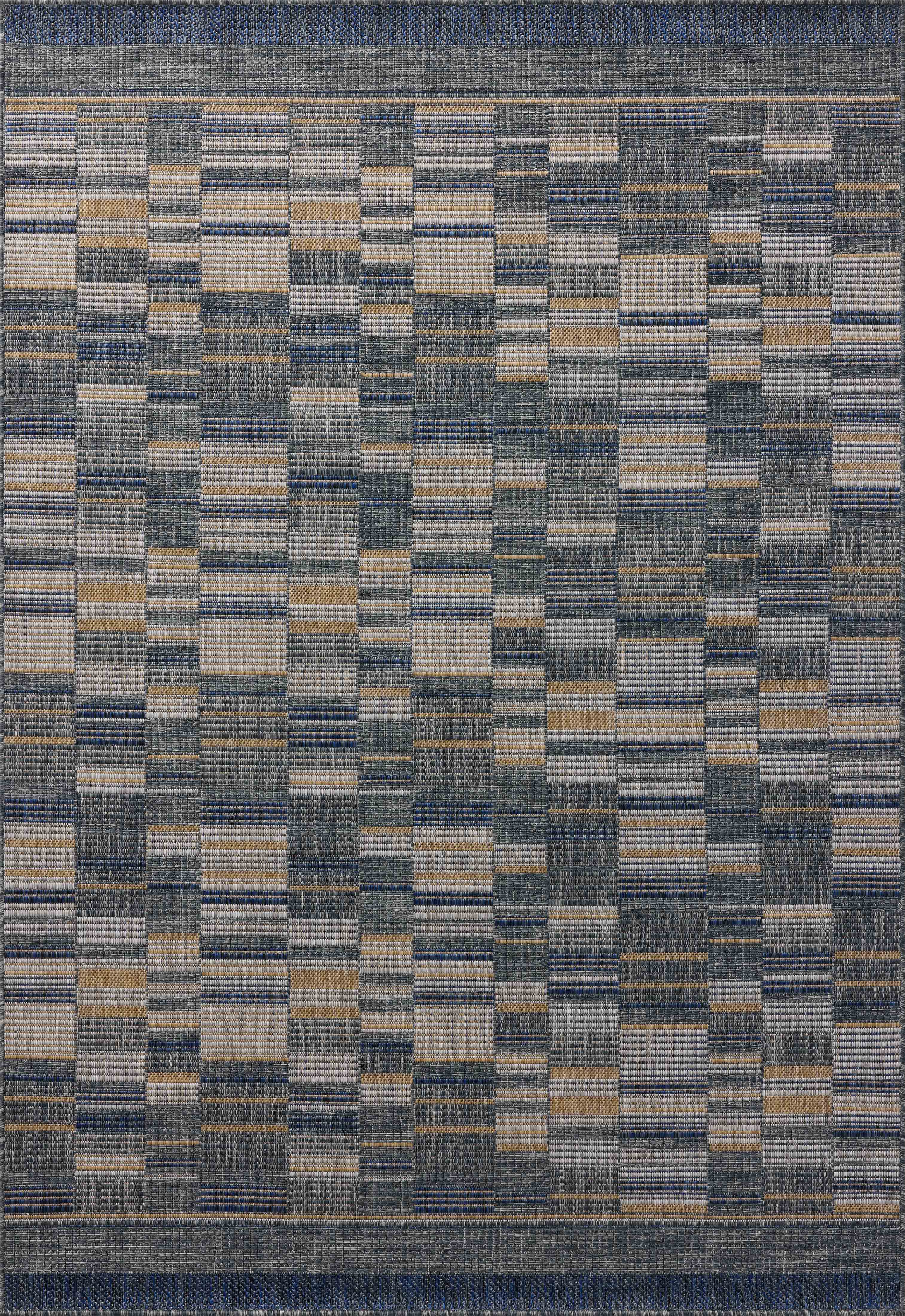 A power-loomed polypropylene area rug with contemporary and linear design in casual denim and radiant gold hues, the Birch BIR-04 Denim / Gold Area Rug is a standout in any décor
