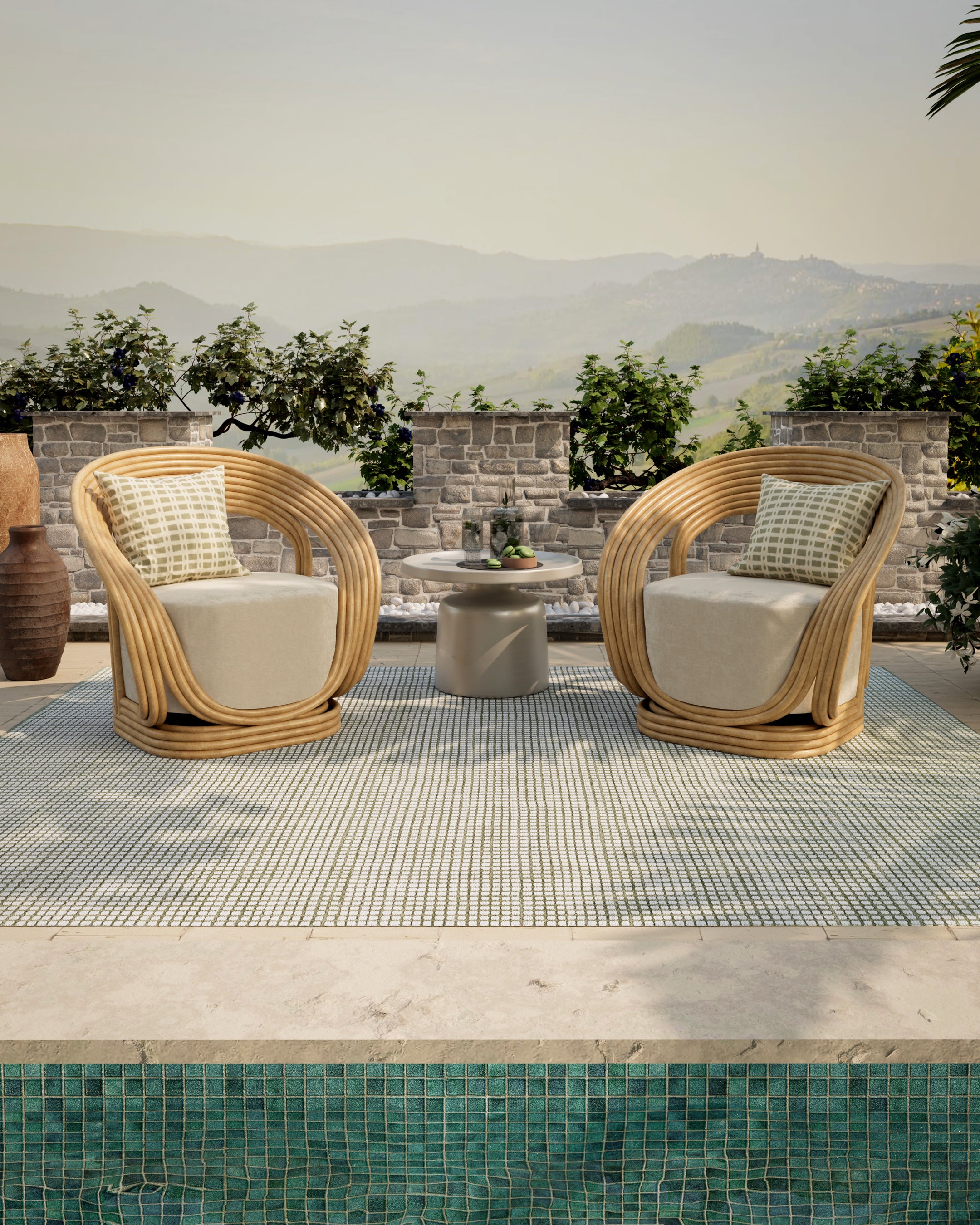 Caicos CAI-1 Green Area Rug, eco-friendly handwoven PET with geometric patterns