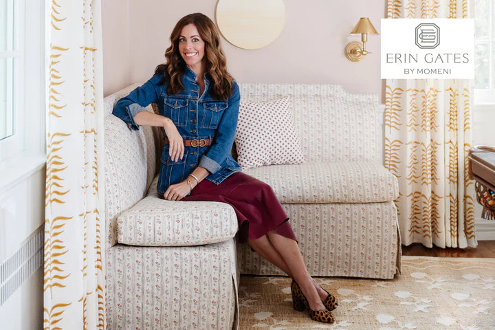 Erin Gates by Momeni designer rug collection featuring Erin Gates in a bright, elegant living room with a soft neutral Orchard area rug, delicate floral patterns, and warm beige tones for timeless, sophisticated home décor.