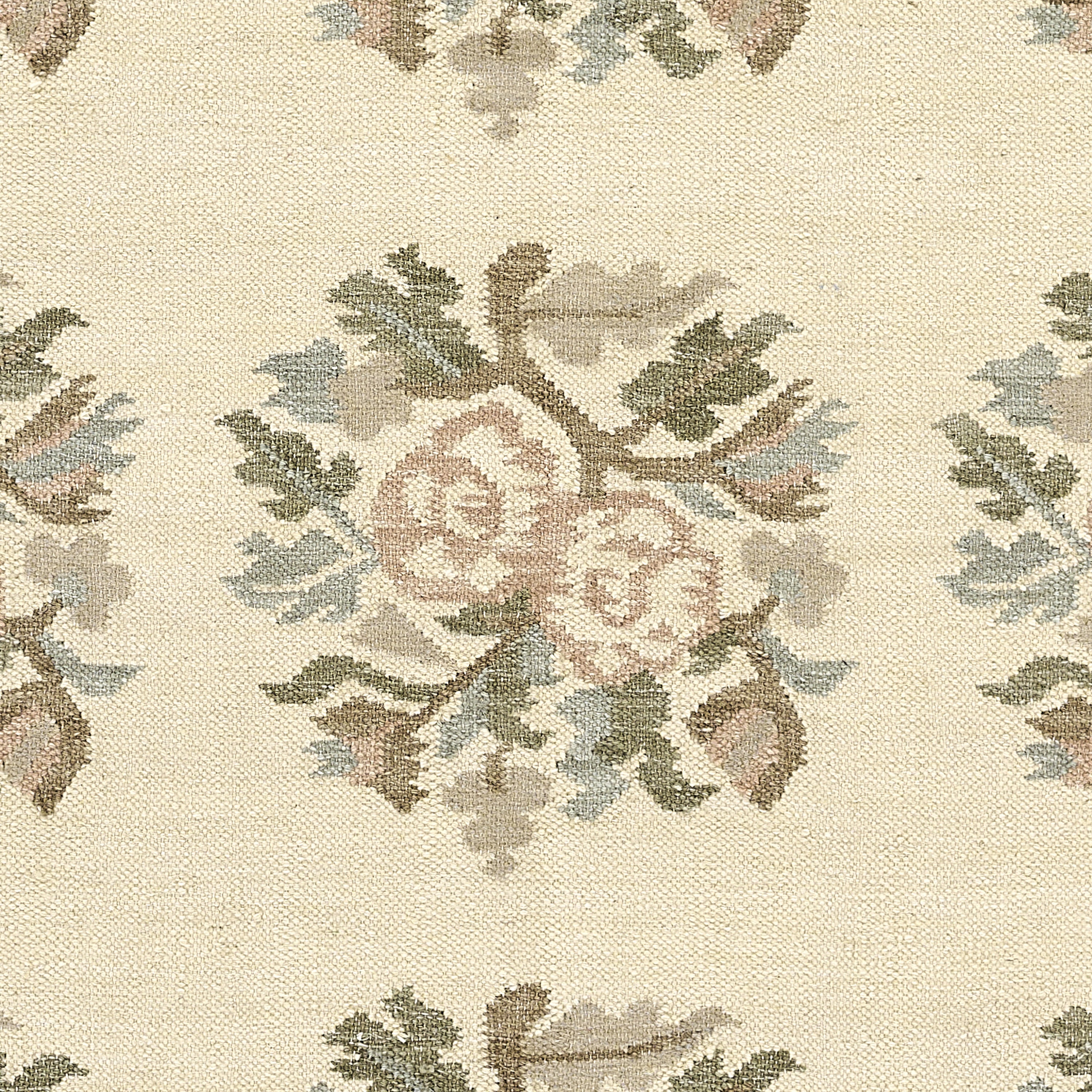 Momeni Florence FLO-1 ivory floral wool area rug with Bessarabian-style rose bouquet design, subtle blue and blush accents, ornamental border, and fringe.