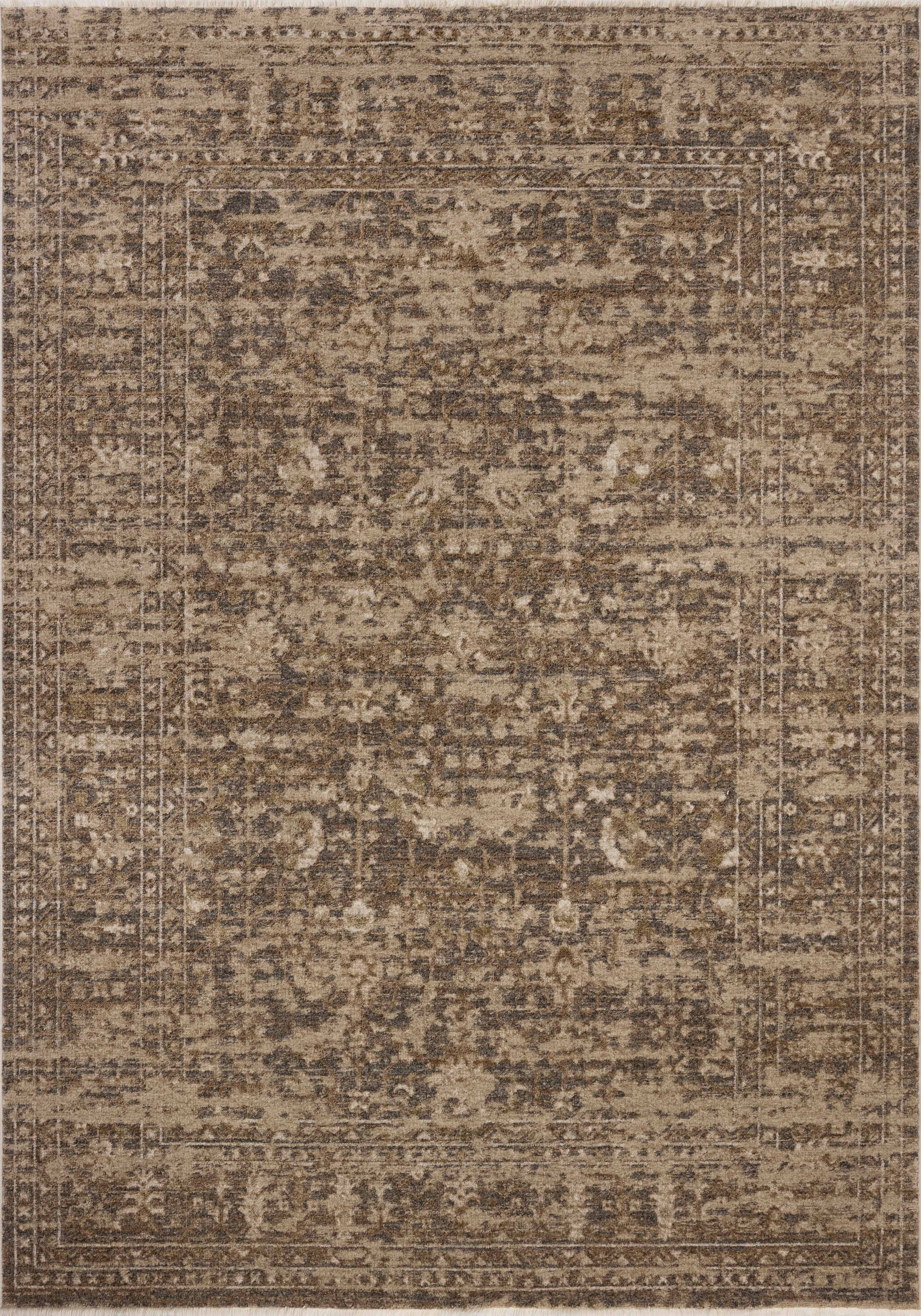 Designed with traditional and distressed artistry in striking granite and warm natural hues, the Haywood HYD-01 Granite / Natural Area Rug is a power-loomed polyester area rug that stands out