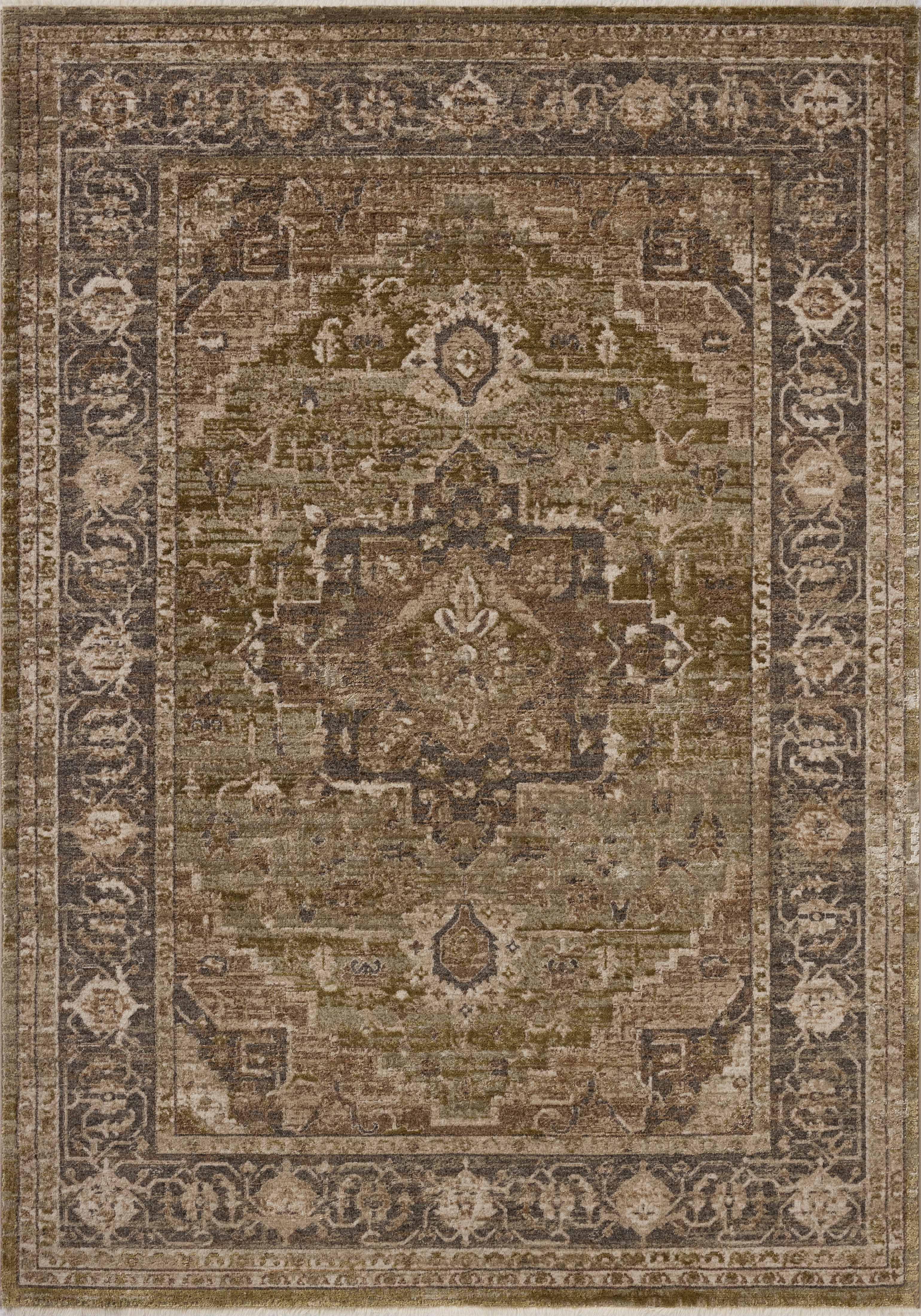 The Haywood HYD-03 Moss / Charcoal Area Rug brings lush moss and deep charcoal character and traditional and distressed flair to your home in a power-loomed polyester area rug