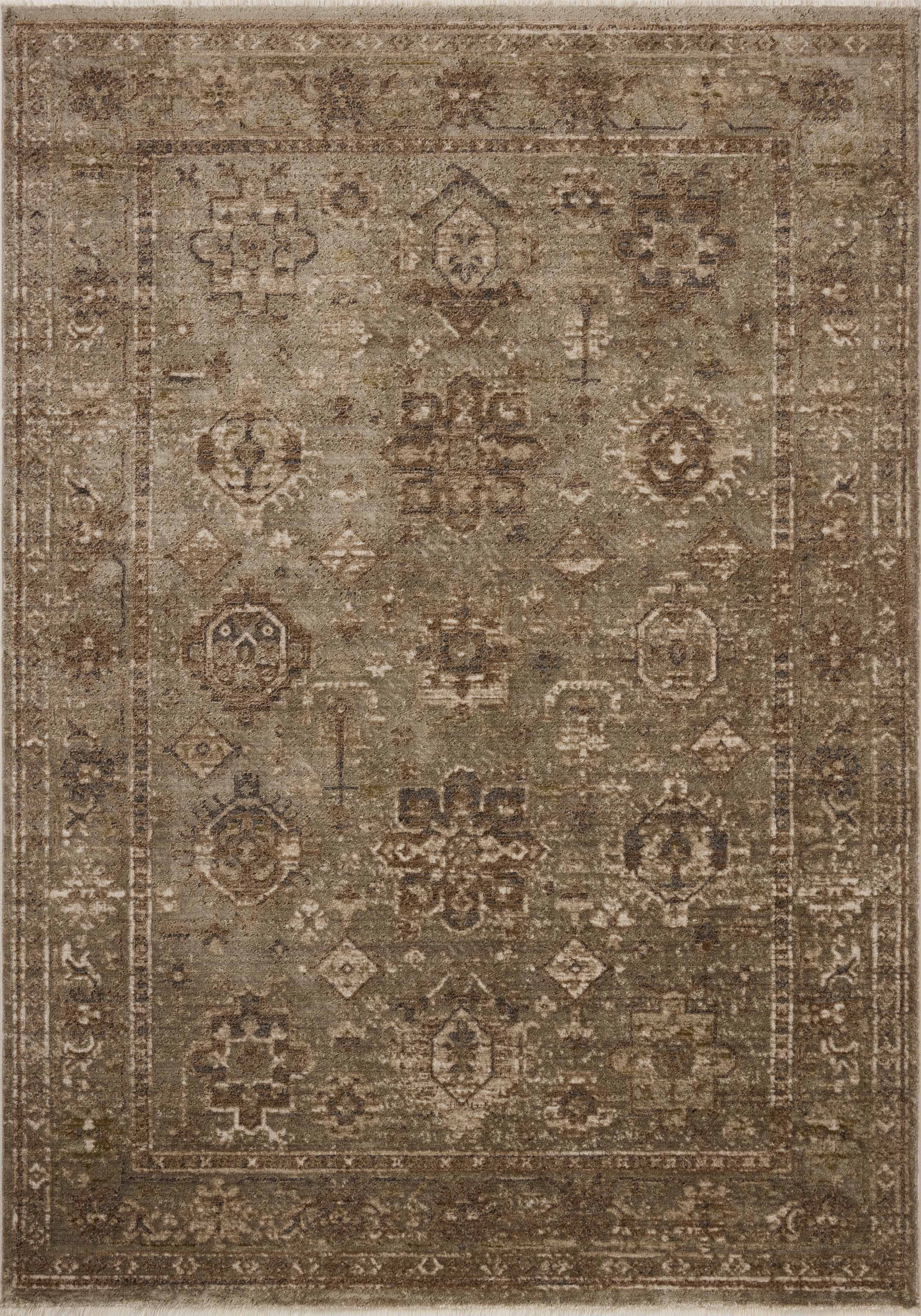 The Haywood HYD-04 Sage / Earth Area Rug highlights calming sage and earthy tones and traditional and distressed texture in a beautifully made power-loomed polyester area rug