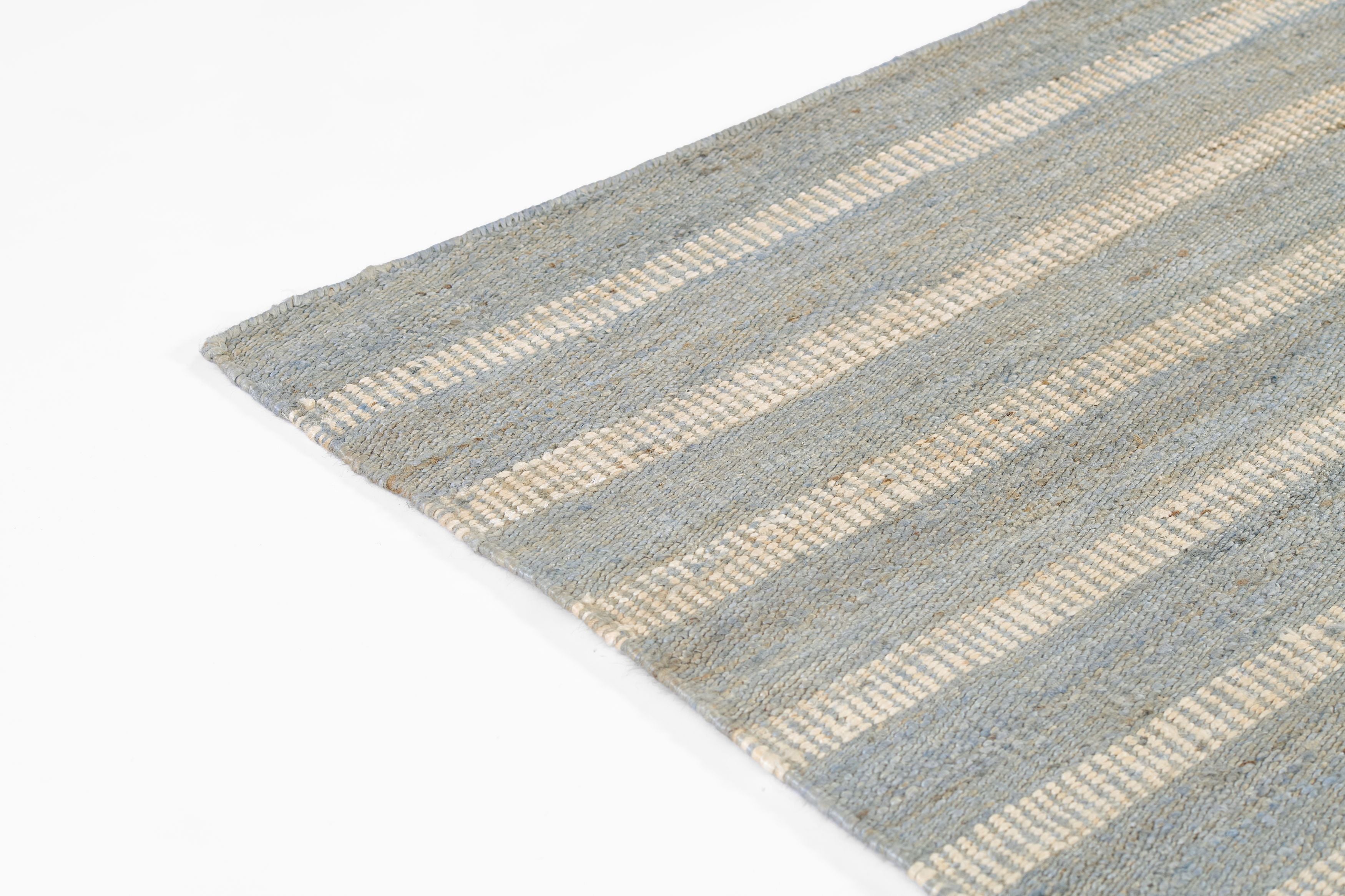 Jango JAN-1 Blue Area Rug, hand woven jute-cotton with white vertical stripe