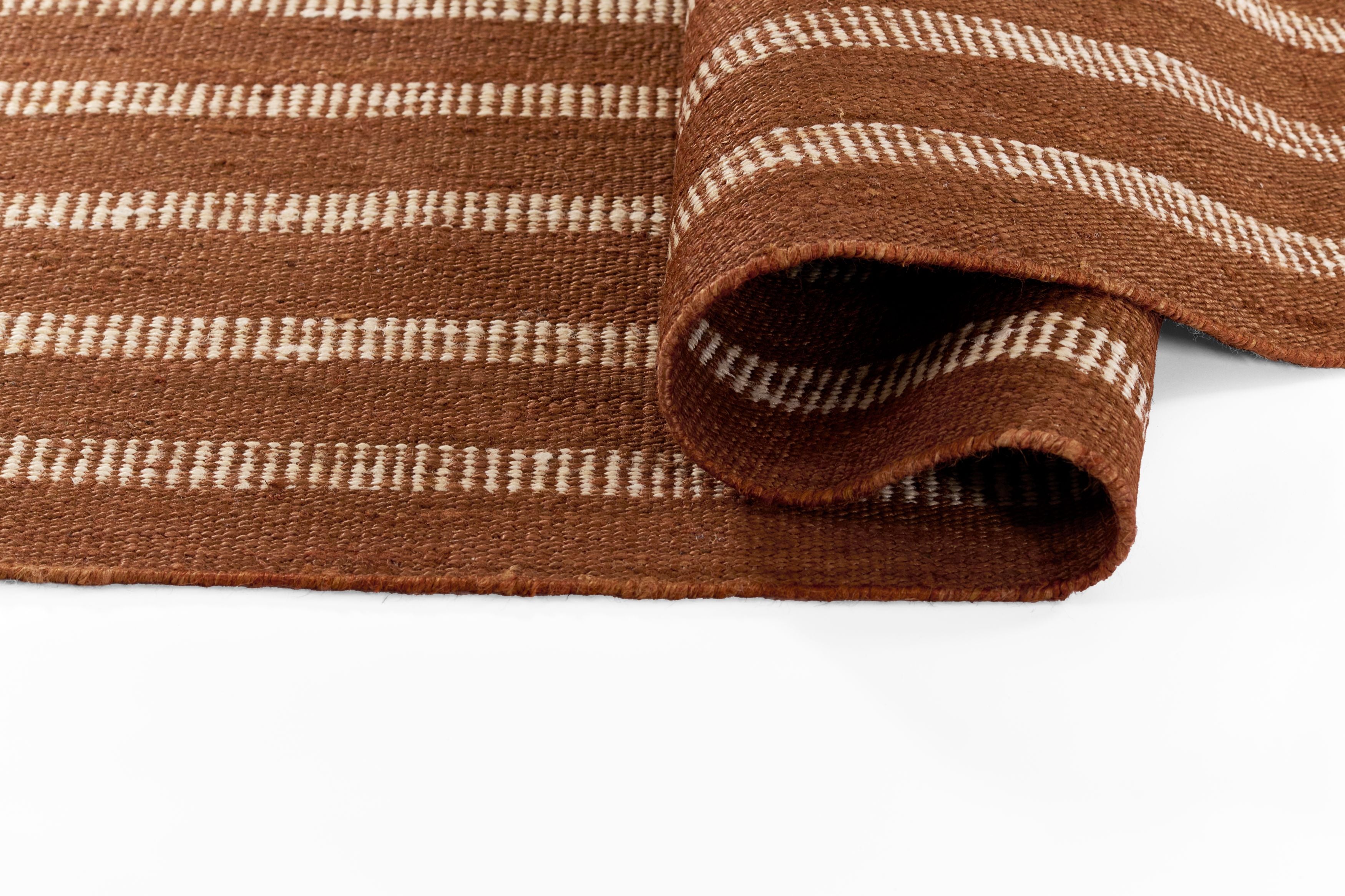 Jango JAN-1 Rust Area Rug, earthy jute-cotton blend with white vertical stripe