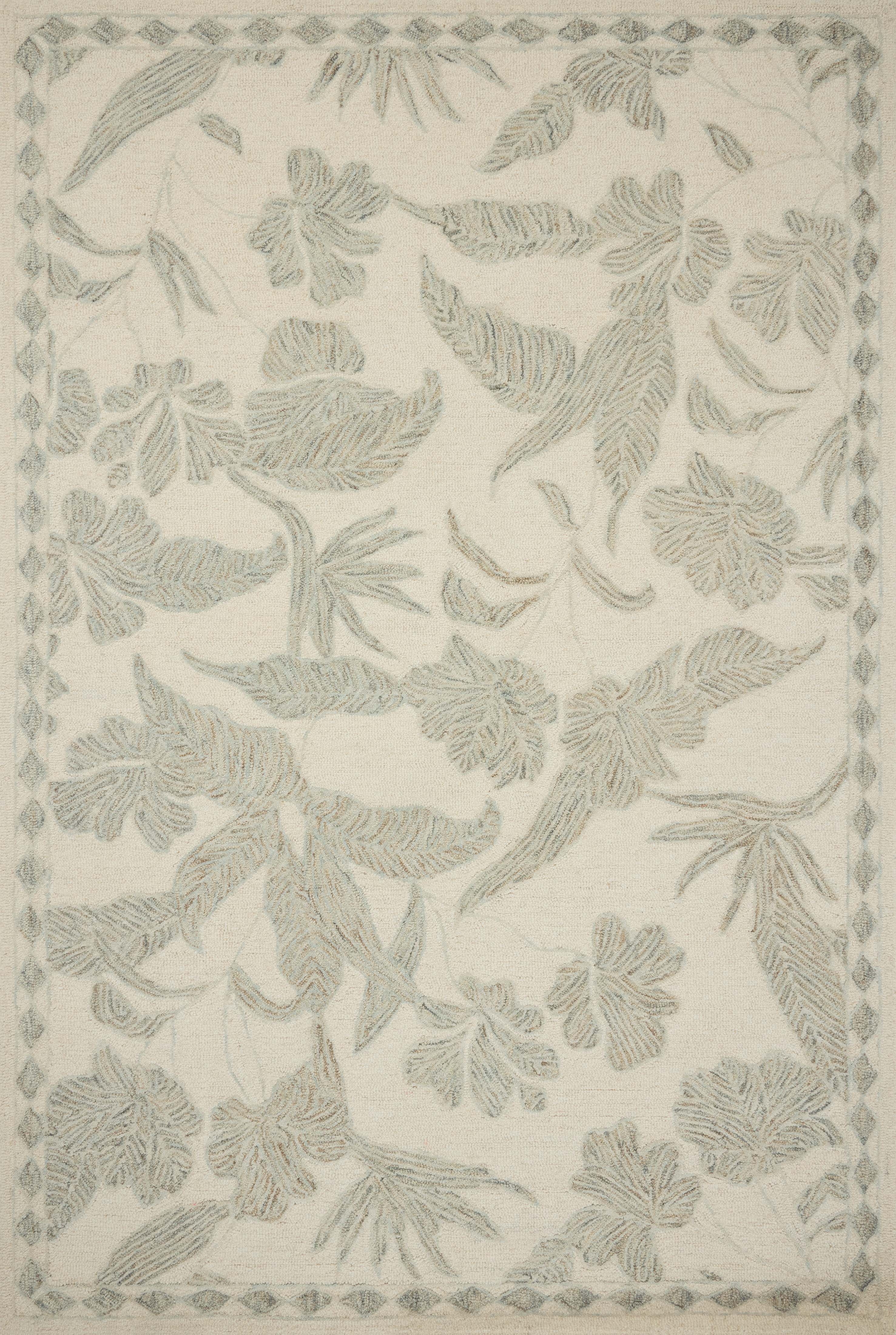 Crafted as a hand-tufted wool area rug, the Lenore LNO-01 Ivory / Sky Area Rug brings refined ivory and breezy sky-blue warmth and floral character to your space