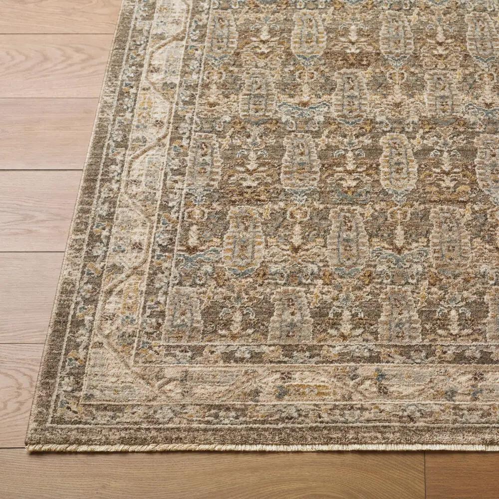 Close-up of the Arda ACZ-2311 Charcoal Area Rug featuring an intricate pattern and fringe edge.