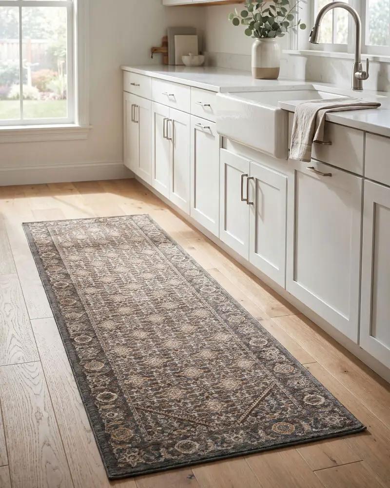 Arda ACZ-2314 Dark Green runner rug with an intricate pattern on light wood kitchen floors.