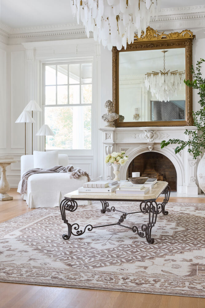 A bright living room featuring the Nabela Noor Home x Livabliss Athiyo NBAT-2305 traditional area rug.