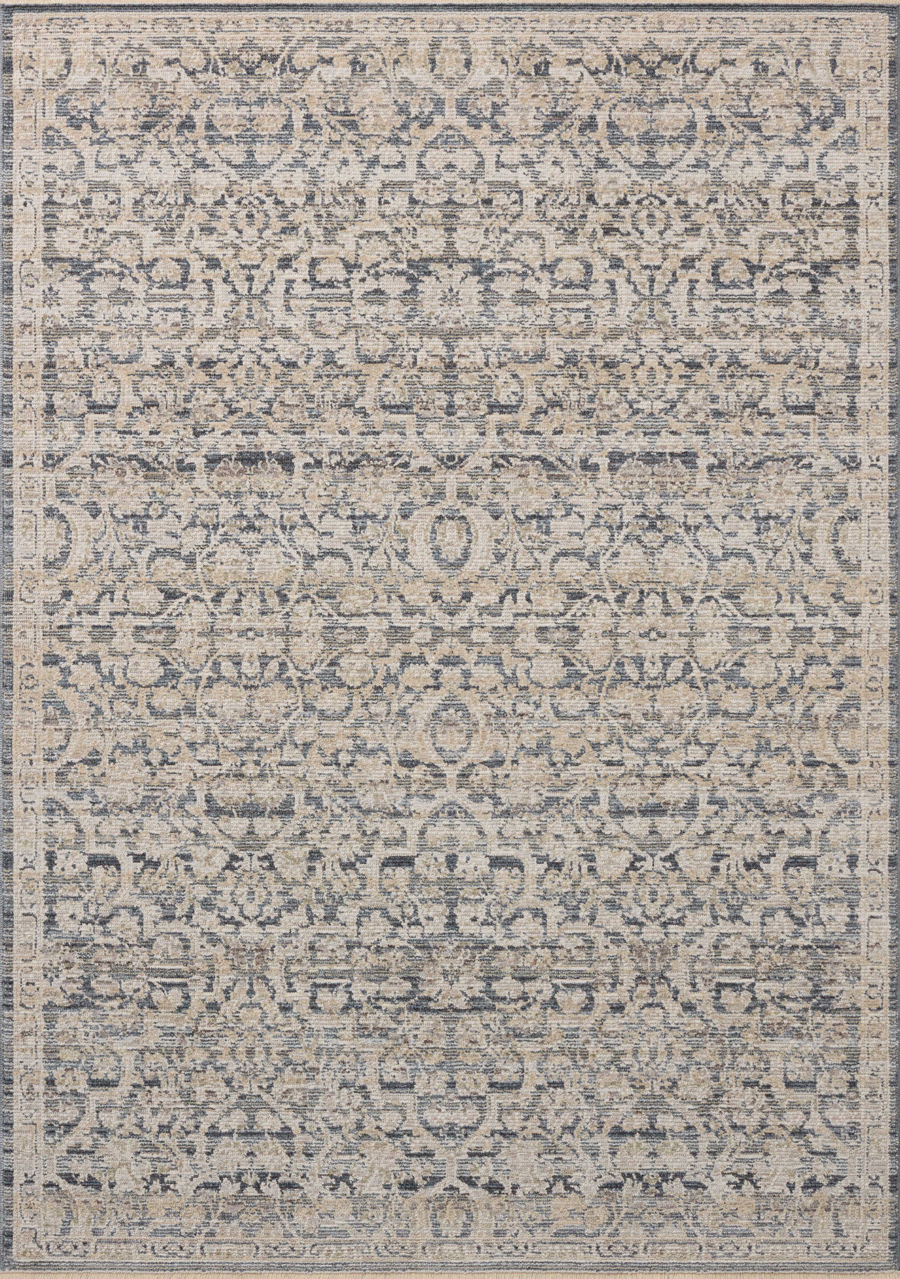 Loloi Milena MLE-02 denim blue and natural vintage area rug with classic motifs and neutral color palette
