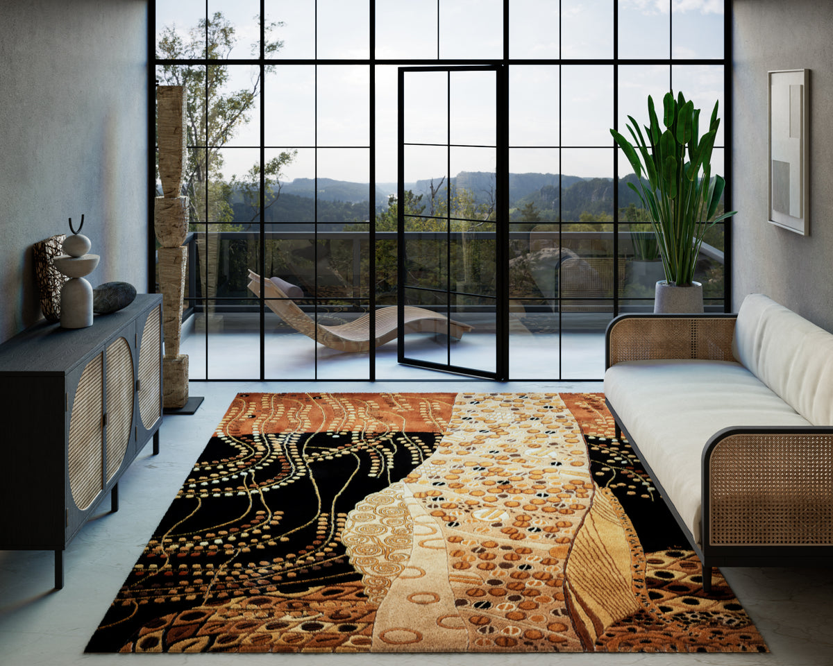 Momeni New Wave NW-01 in black, hand-tufted from 100% wool, shown in a modern living room.