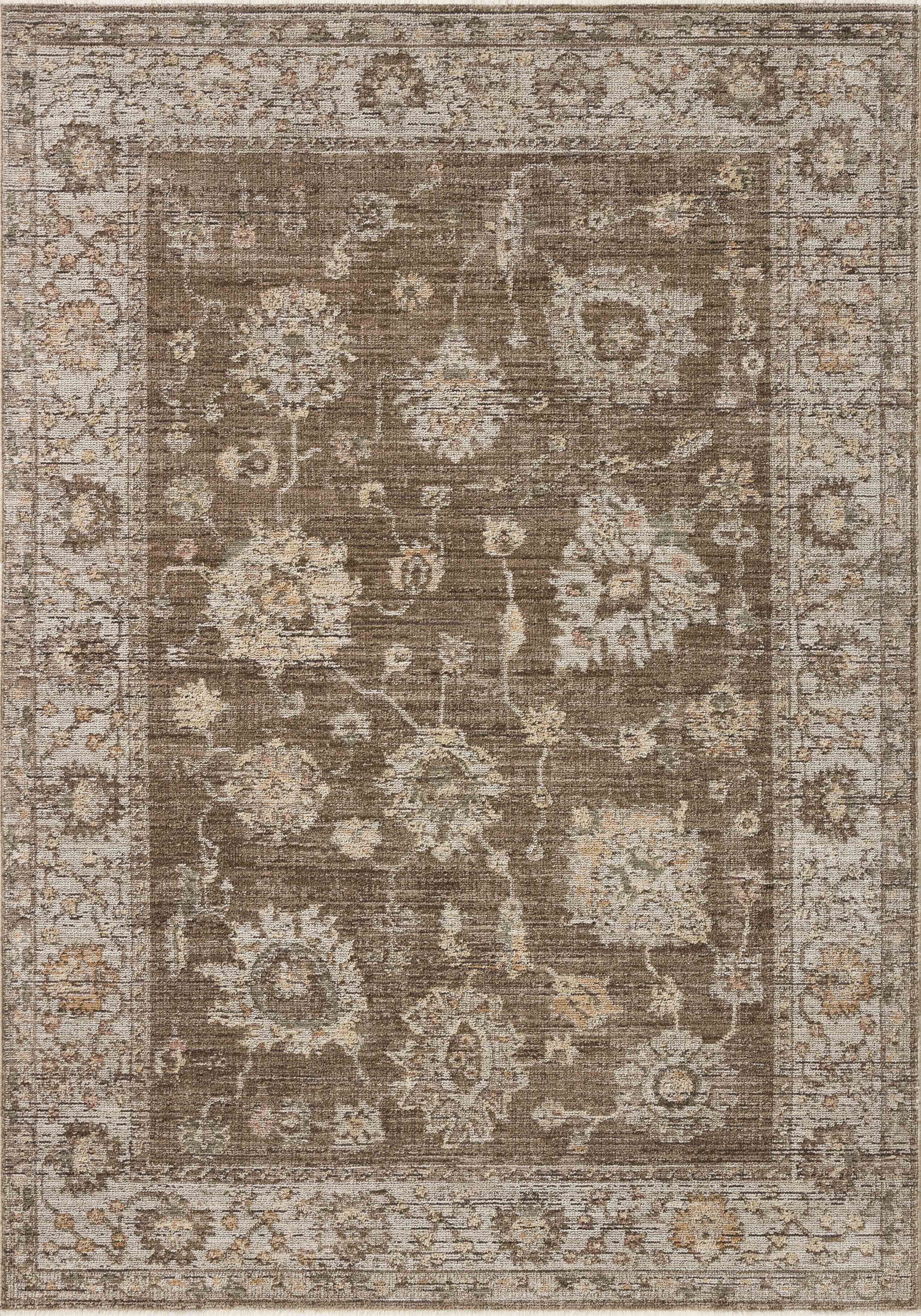 Layered in grounded bark and refined ivory hues with vintage patterns, the Priscilla PRL-01 Bark / Ivory Area Rug is a power-loomed 100% polyester area rug perfect for any setting