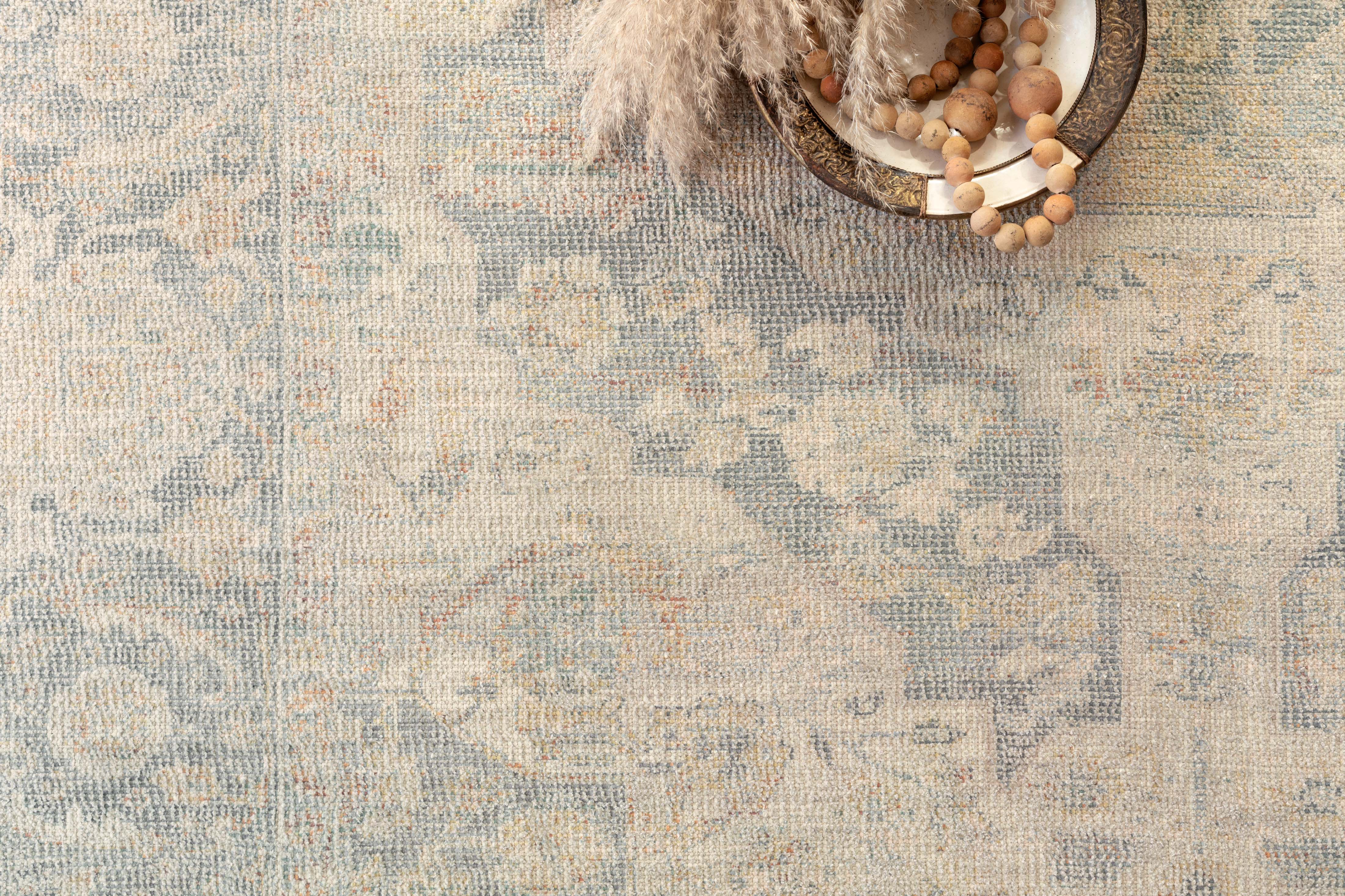 Priya PRY-08 hand-woven Bone and Bluestone area rug, artful tonal patterns, ethically produced