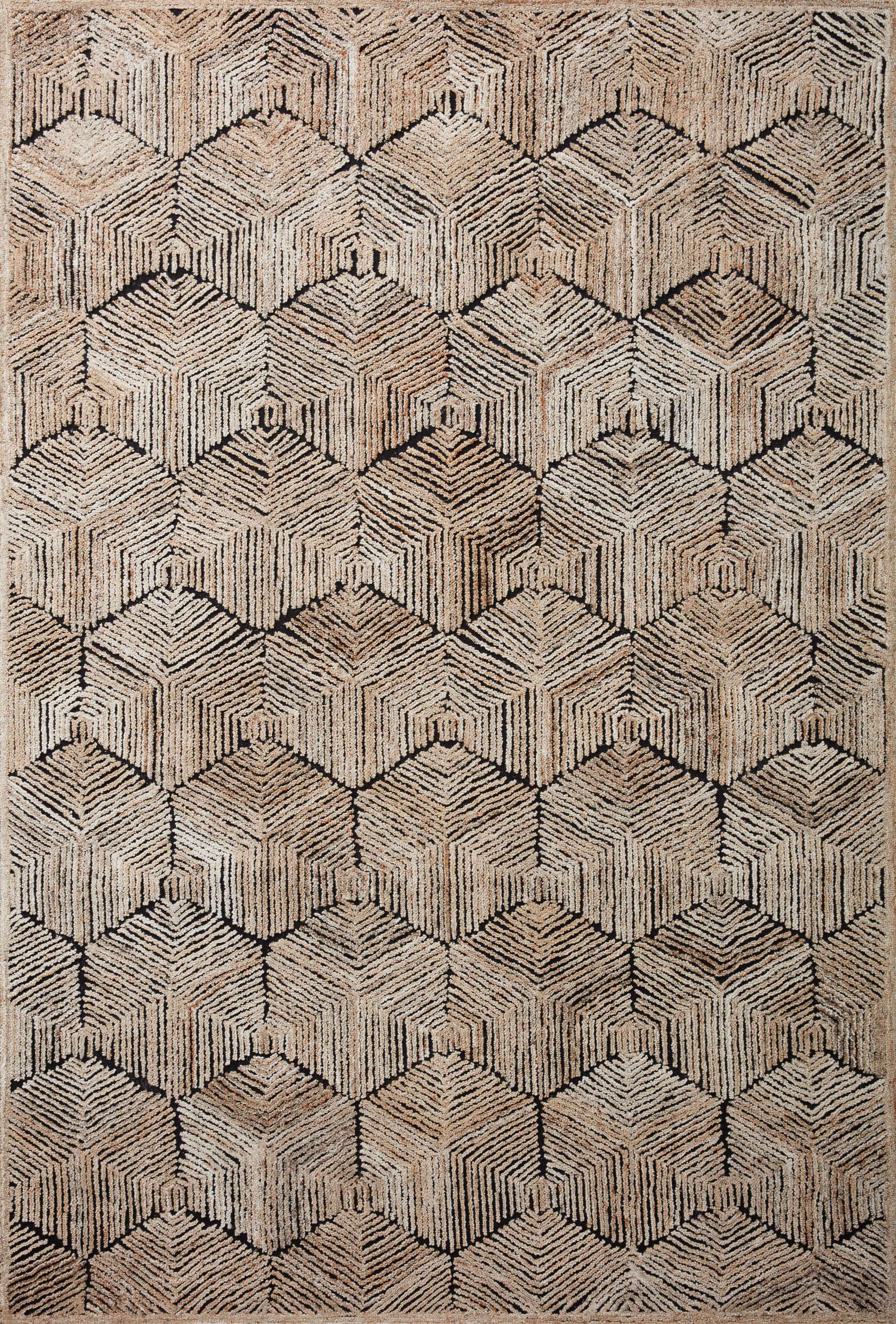 Contemporary Prescott PRE-02 Beige Area Rug, tone-on-tone geometric pattern, textured high-low pile, ethically made in India