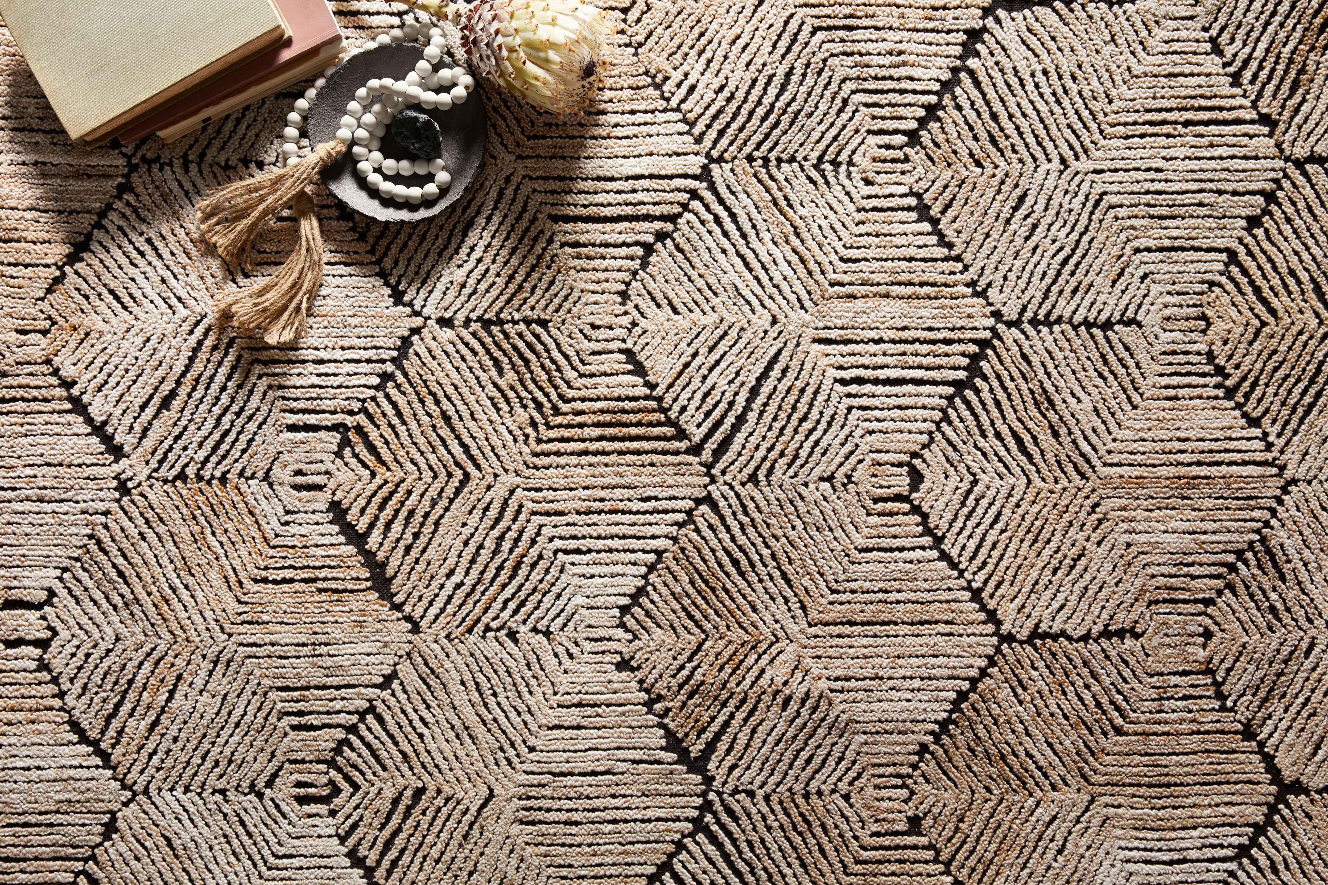 Contemporary Prescott PRE-02 Beige Area Rug, tone-on-tone geometric pattern, textured high-low pile, ethically made in India