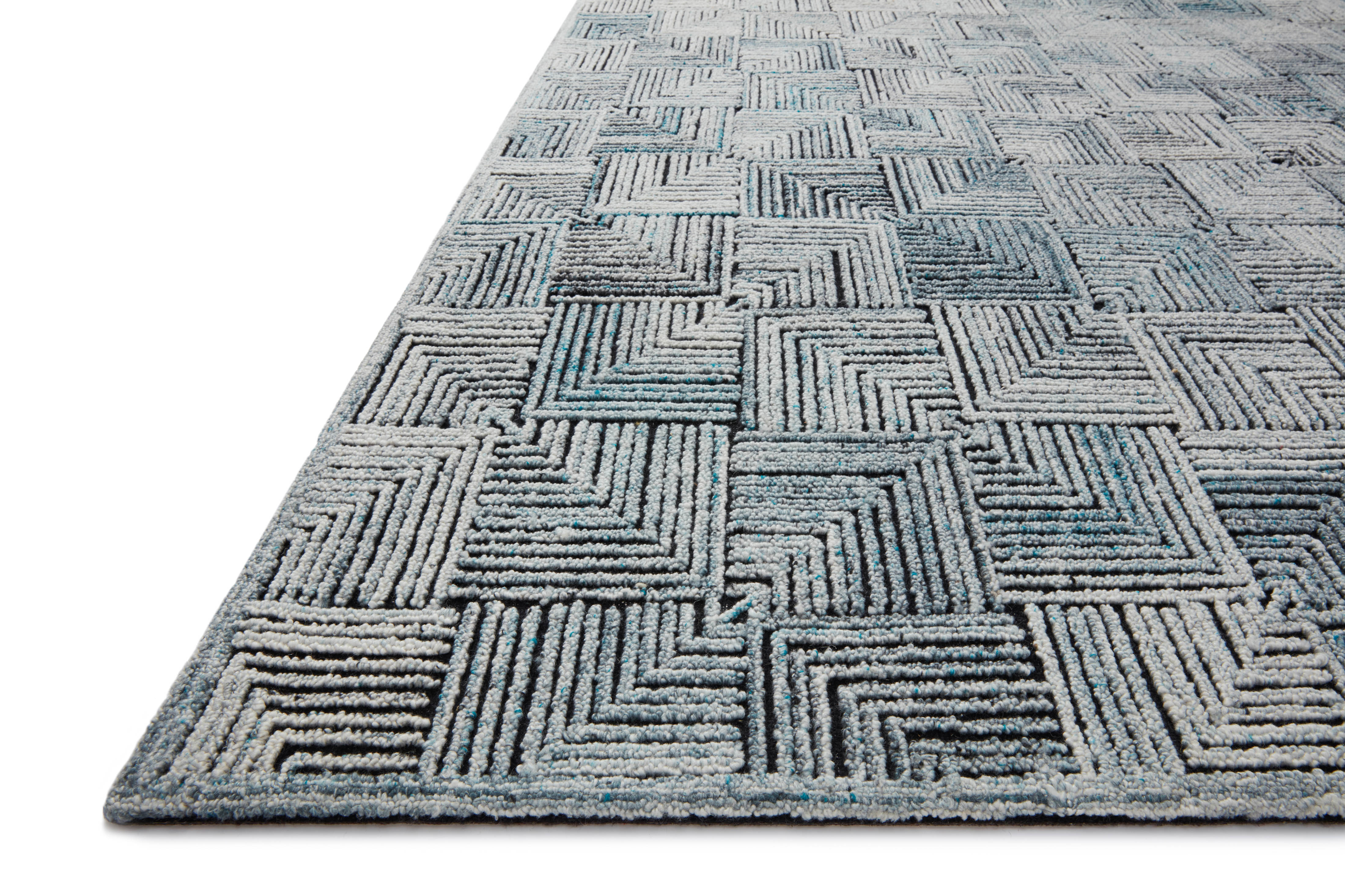 Prescott PRE-03 Arctic Blue Area Rug, cool geometric patterns, high-low texture, ethically made in India, GoodWeave certified