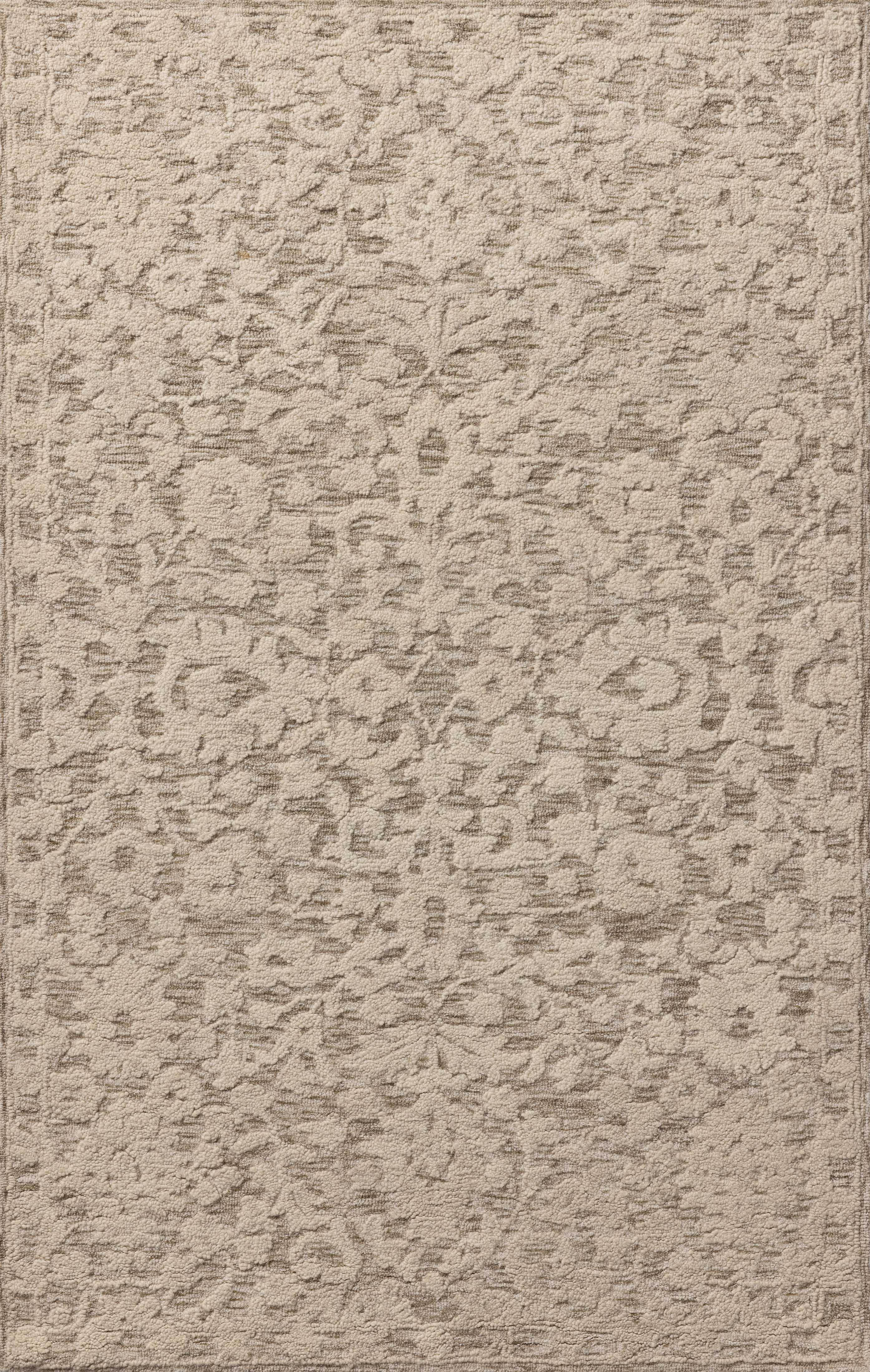 Crafted as a hand-tufted wool and cotton area rug, the Prudence PRU-01 Stone / Ivory Area Rug brings grounding stone and refined ivory warmth and floral character to your space