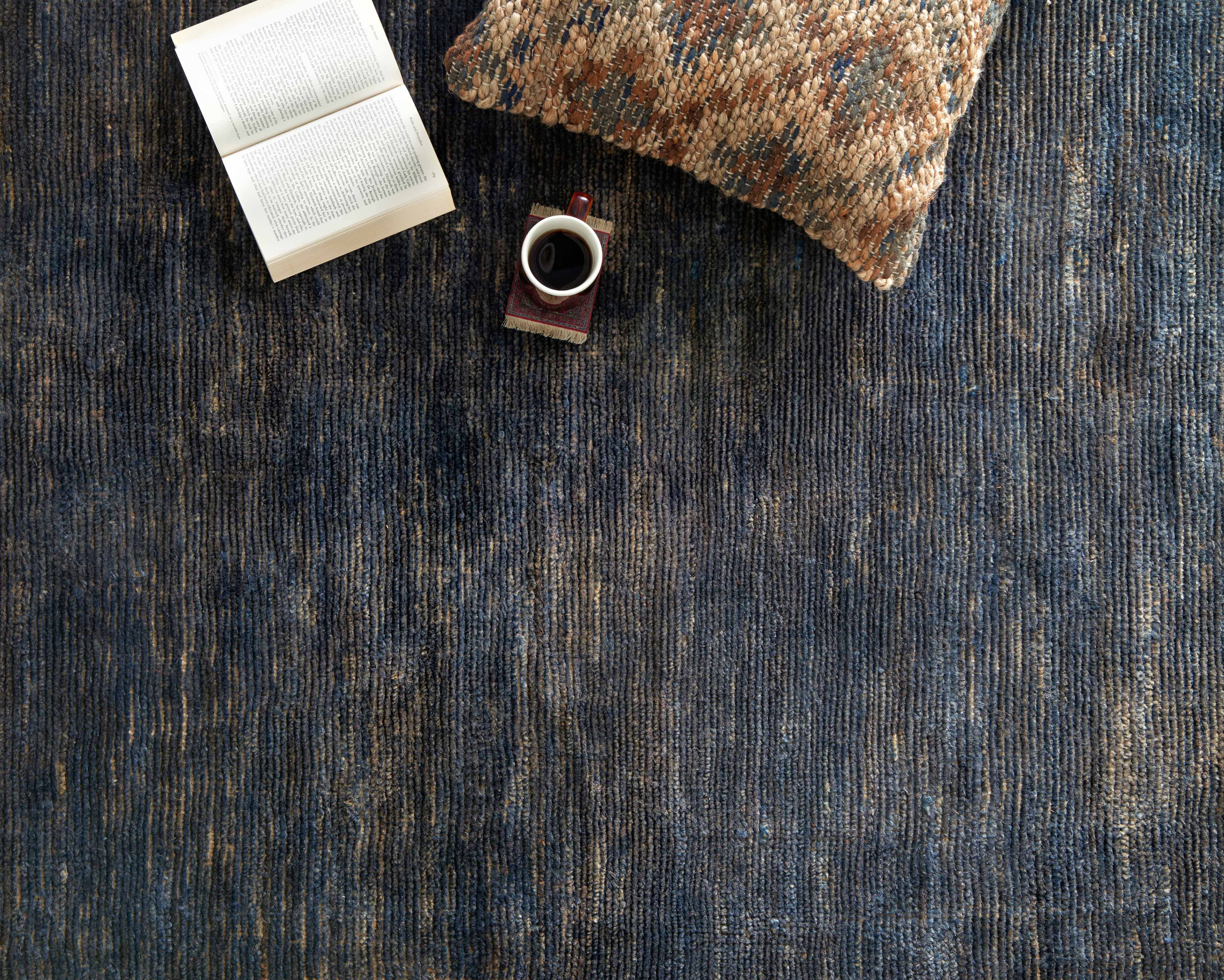 Hand-knotted Quinn QN-01 Indigo Area Rug, jute and cotton blend, eco-friendly, artisan-made in India, bold color for modern and eclectic interiors