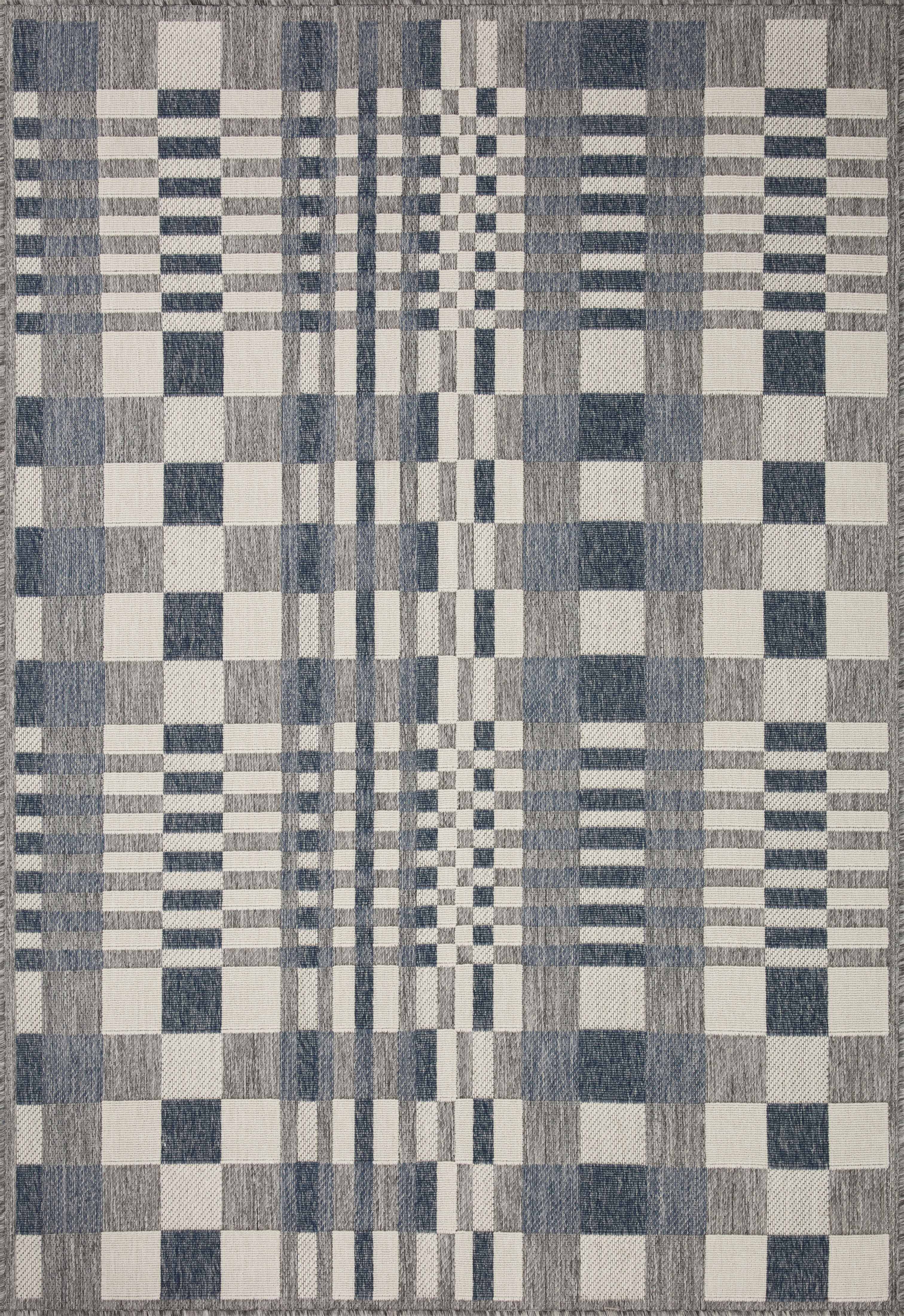 Rainier RAI-04 Ivory and denim blue area rug, contemporary pattern, power-loomed, weather-resistant for indoor outdoor use