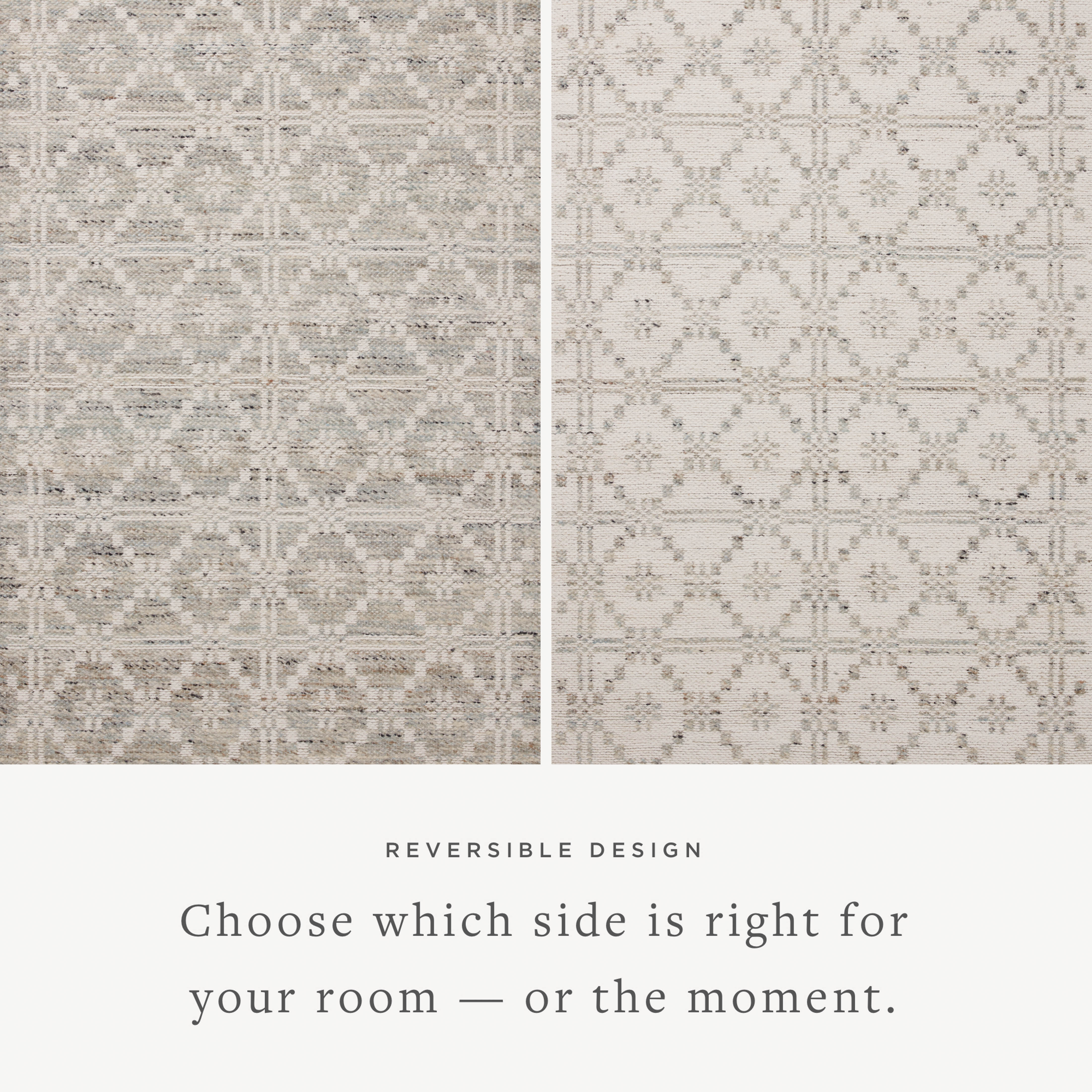 Rivers RIV-02 Area Rug with a reversible flatweave construction, symmetrical motifs, and lagoon and ivory hues for a fresh, natural look in contemporary interiors.