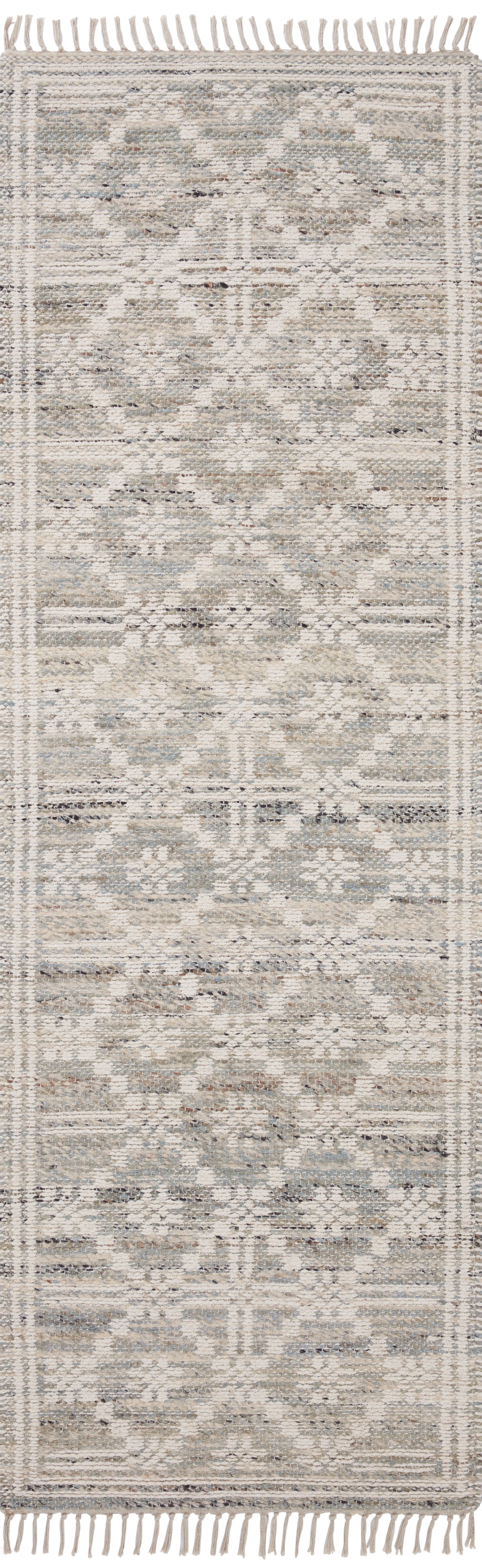Rivers RIV-02 Area Rug with a reversible flatweave construction, symmetrical motifs, and lagoon and ivory hues for a fresh, natural look in contemporary interiors.