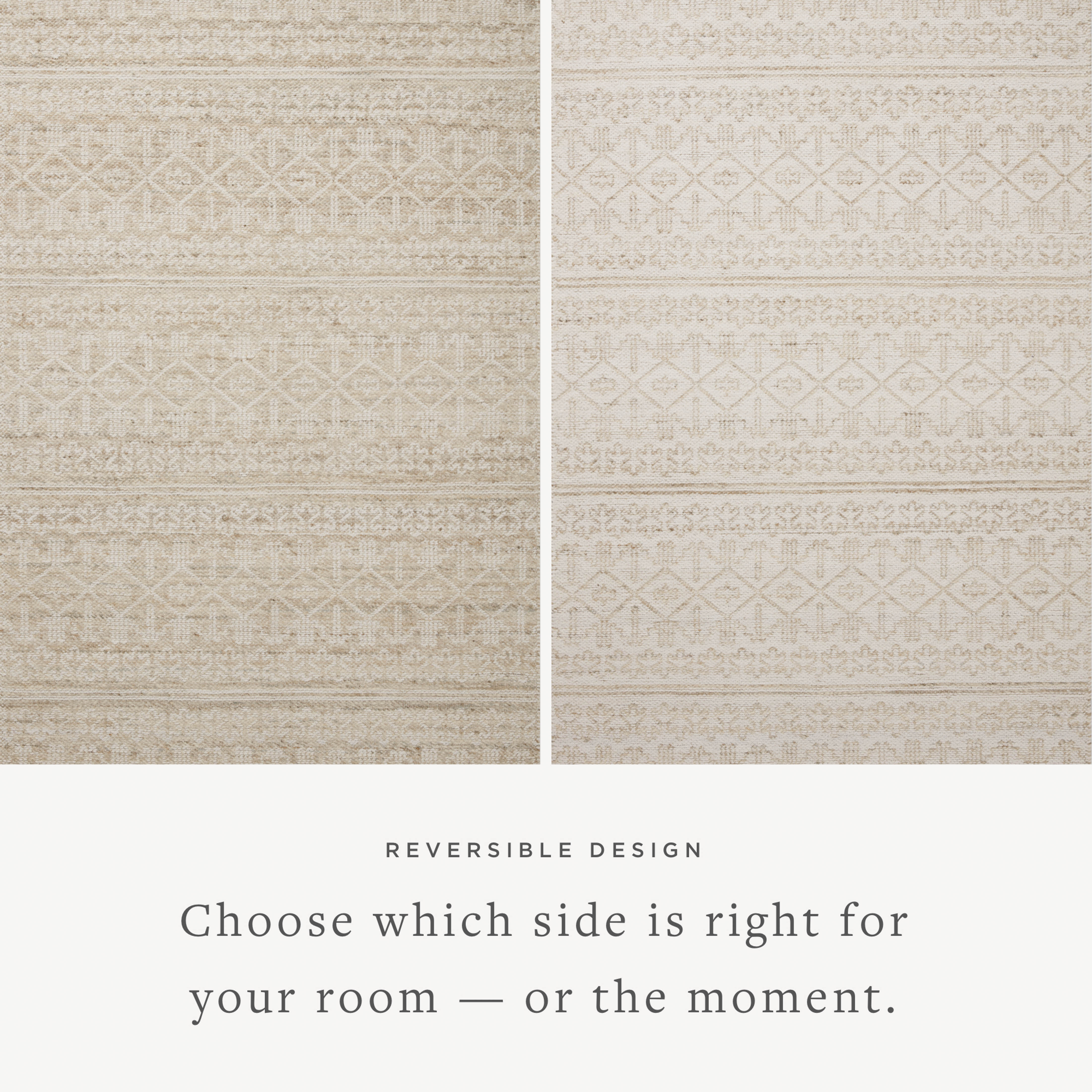 Rivers RIV-03 Area Rug, a contemporary flatweave rug with reversible design, symmetrical motifs, and sand and ivory colors for a soft watercolor effect in neutral palettes.