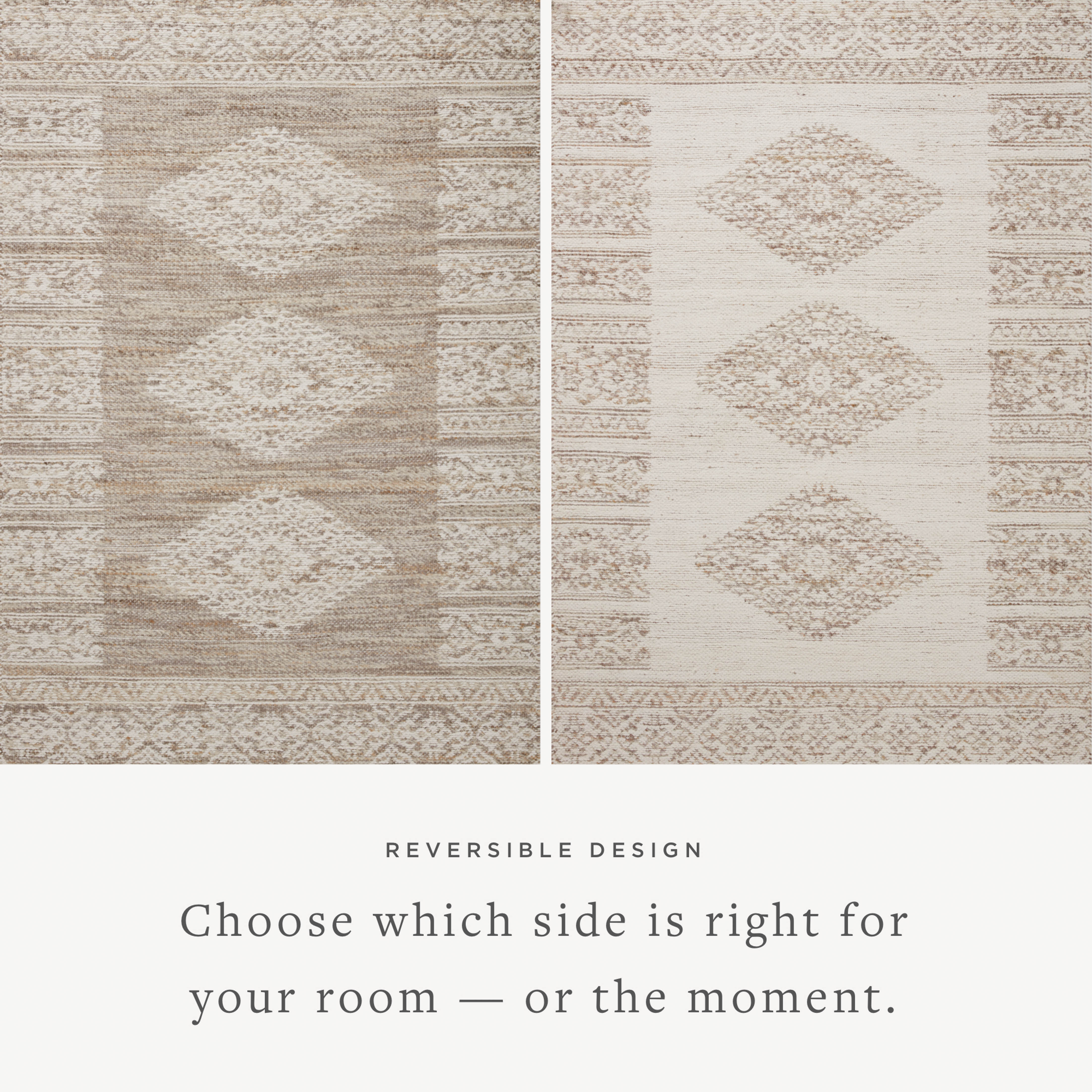 Rivers RIV-05 Area Rug, a modern flatweave rug with reversible design, symmetrical motifs, and a lilac and ivory palette for artful depth in neutral interiors.