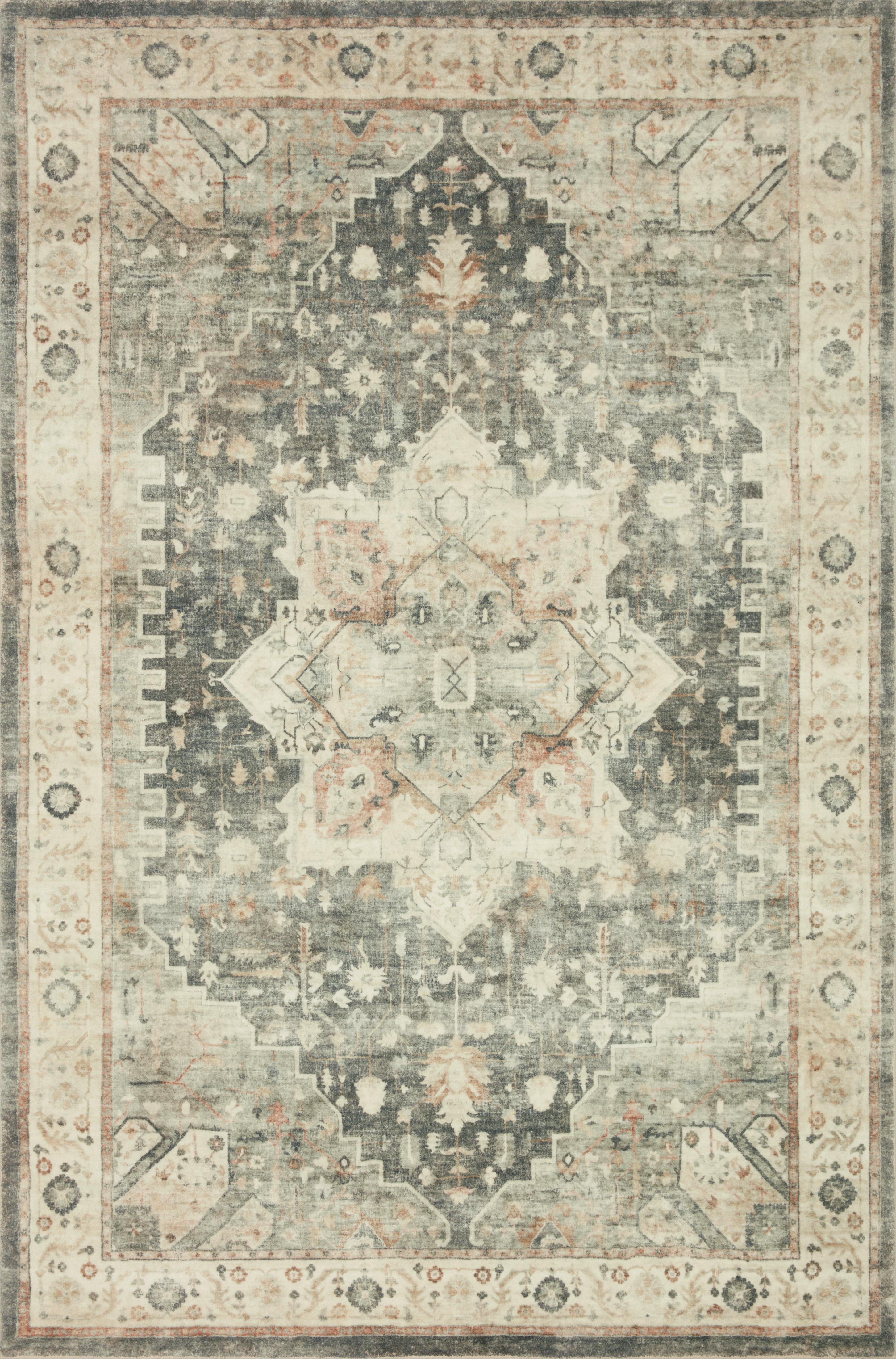 Rosette ROS-09 Slate/Ivory Area Rug, plush slate and ivory motif.