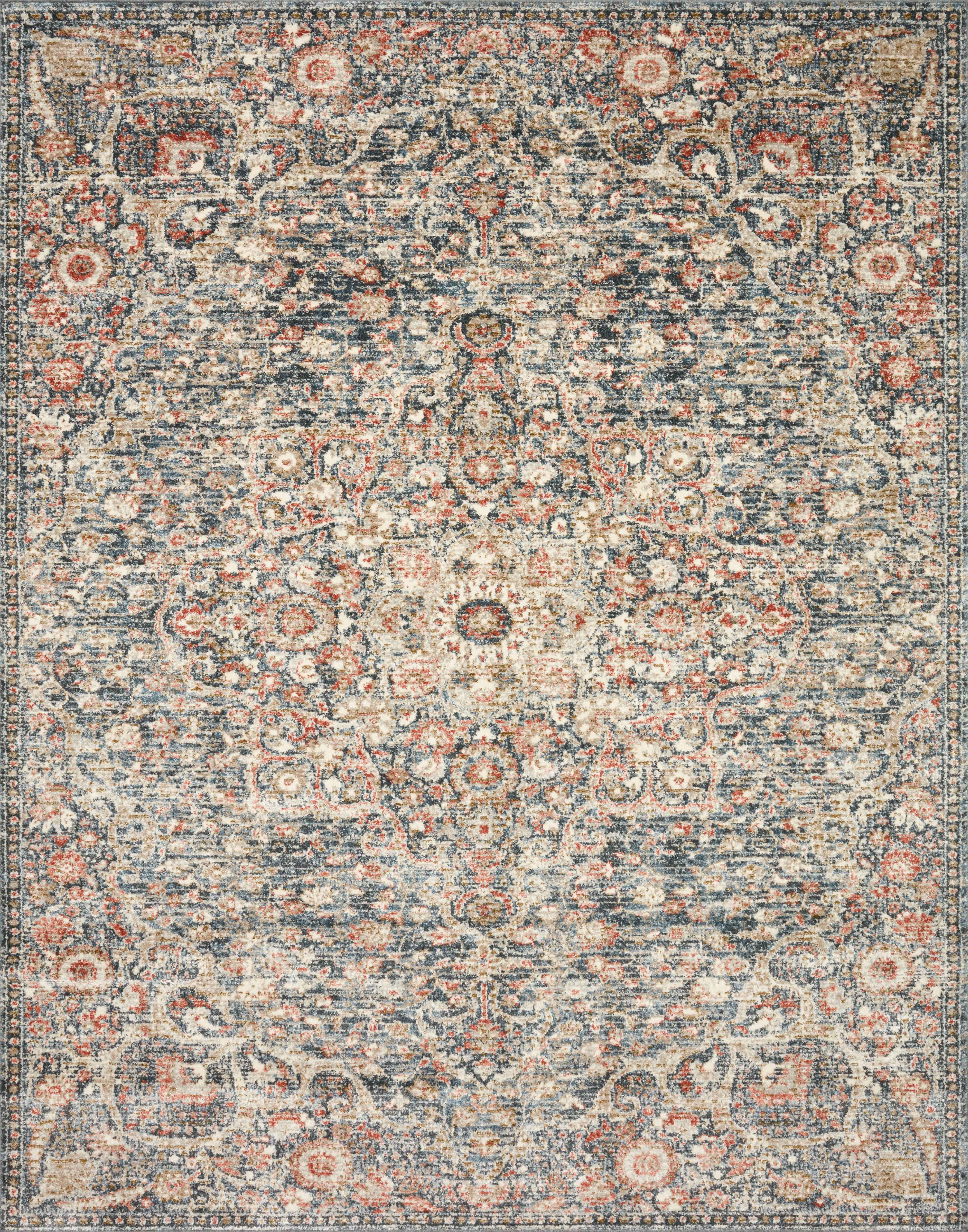 Saban SAB-02 blue and spice area rug featuring classic design, Turkish power-loomed polyester, durable and non-shedding