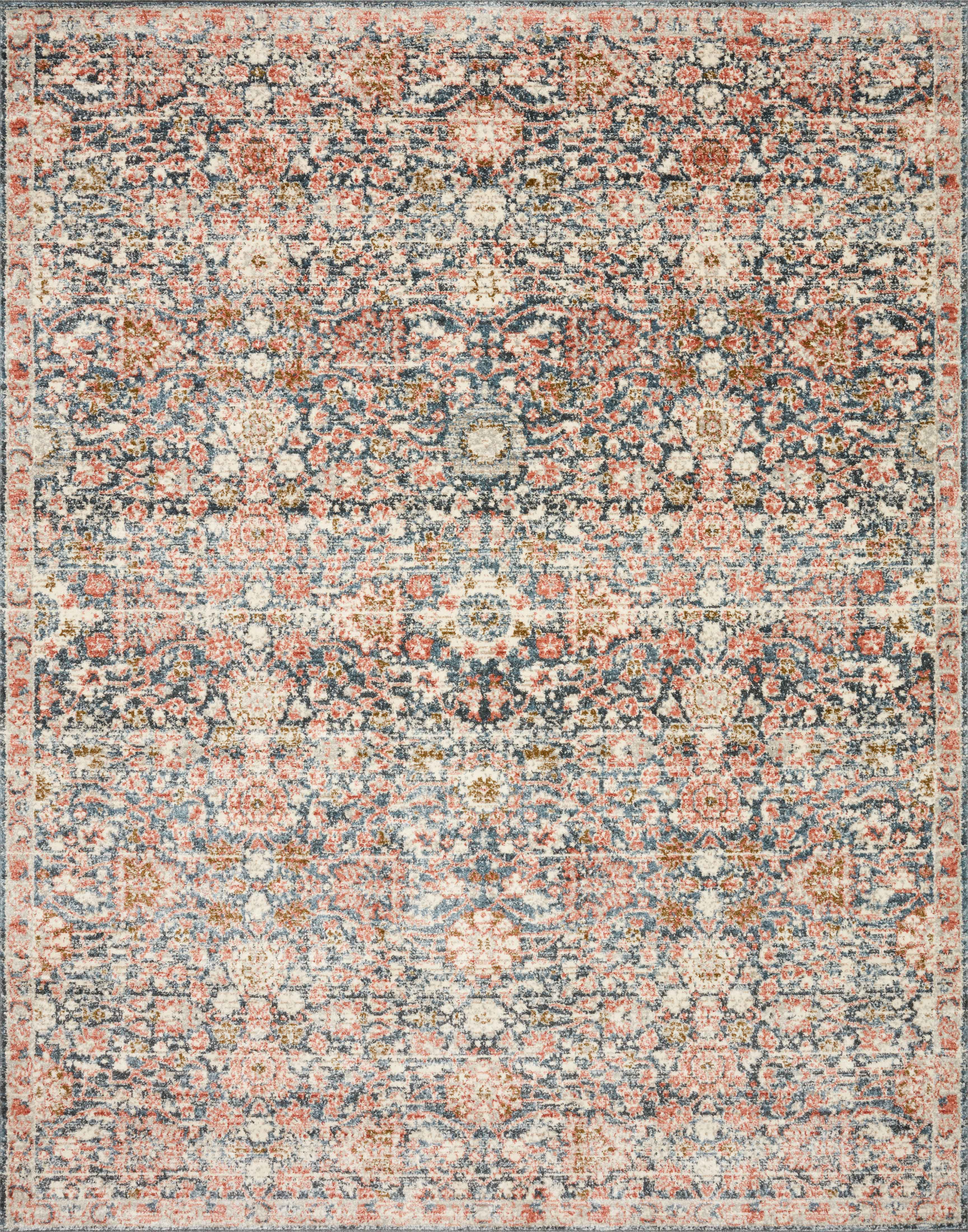 Saban SAB-03 navy and rust area rug with traditional pattern, Turkish power-loomed polyester, fade-resistant and non-shedding