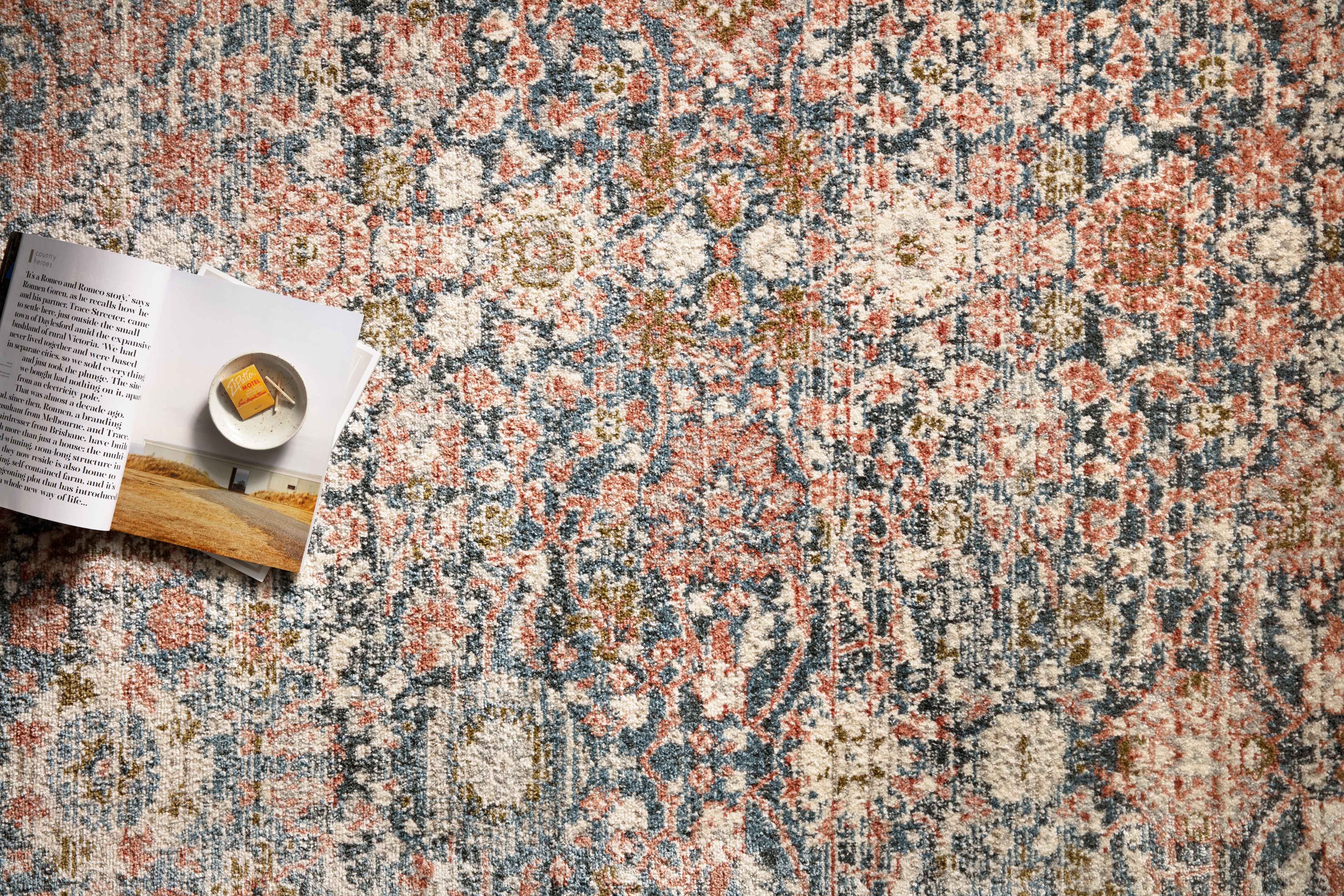 Saban SAB-03 navy and rust area rug with traditional pattern, Turkish power-loomed polyester, fade-resistant and non-shedding