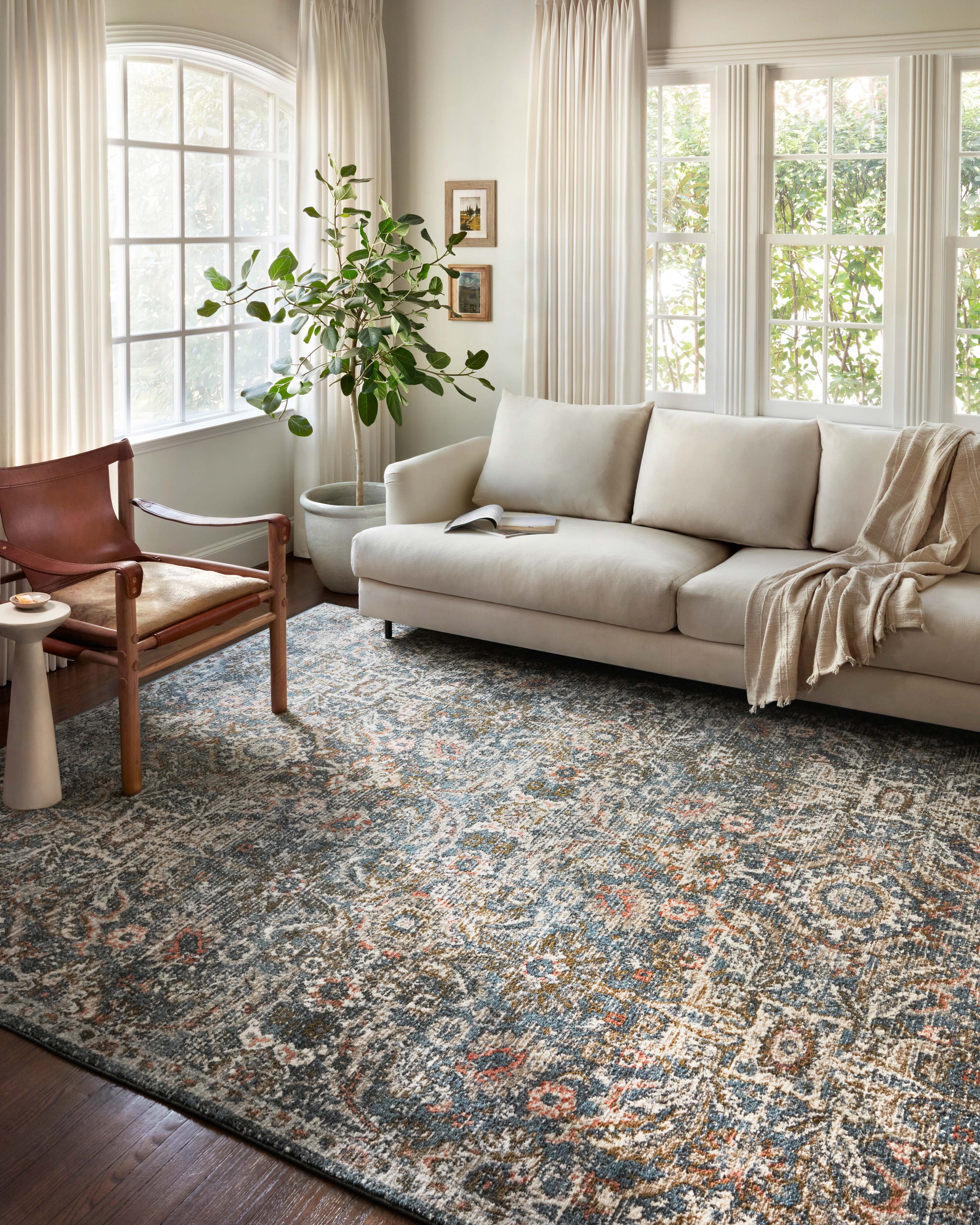 Saban SAB-04 blue and sand area rug with classic motifs, Turkish power-loomed polyester, stain-resistant and non-shedding
