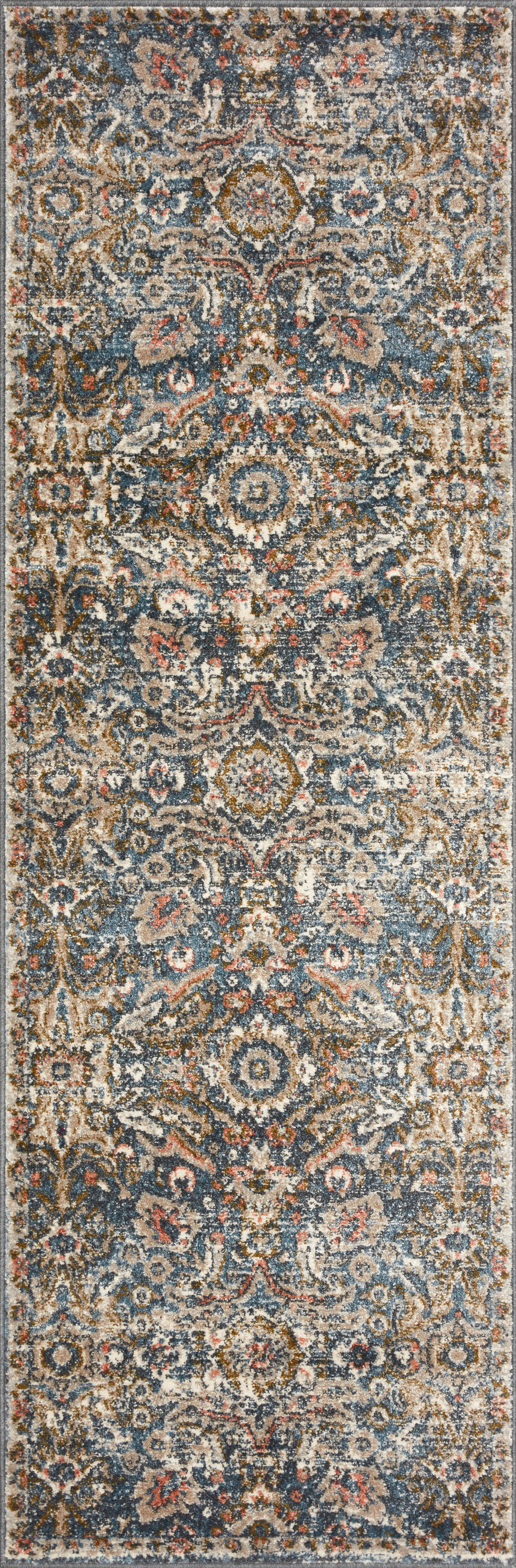 Saban SAB-04 blue and sand area rug with classic motifs, Turkish power-loomed polyester, stain-resistant and non-shedding